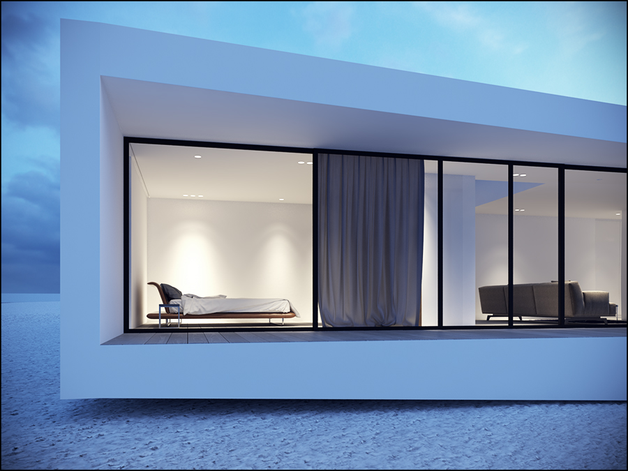 3D-gjengivelse av et moderne hus i skumringen.