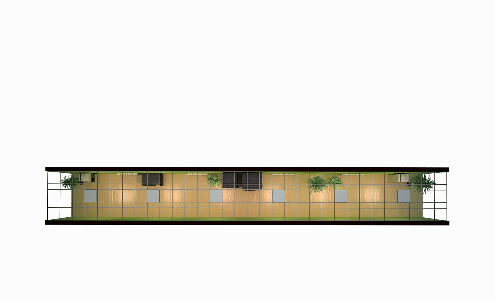 en 3d-modell av et rom med et vindu og planter.