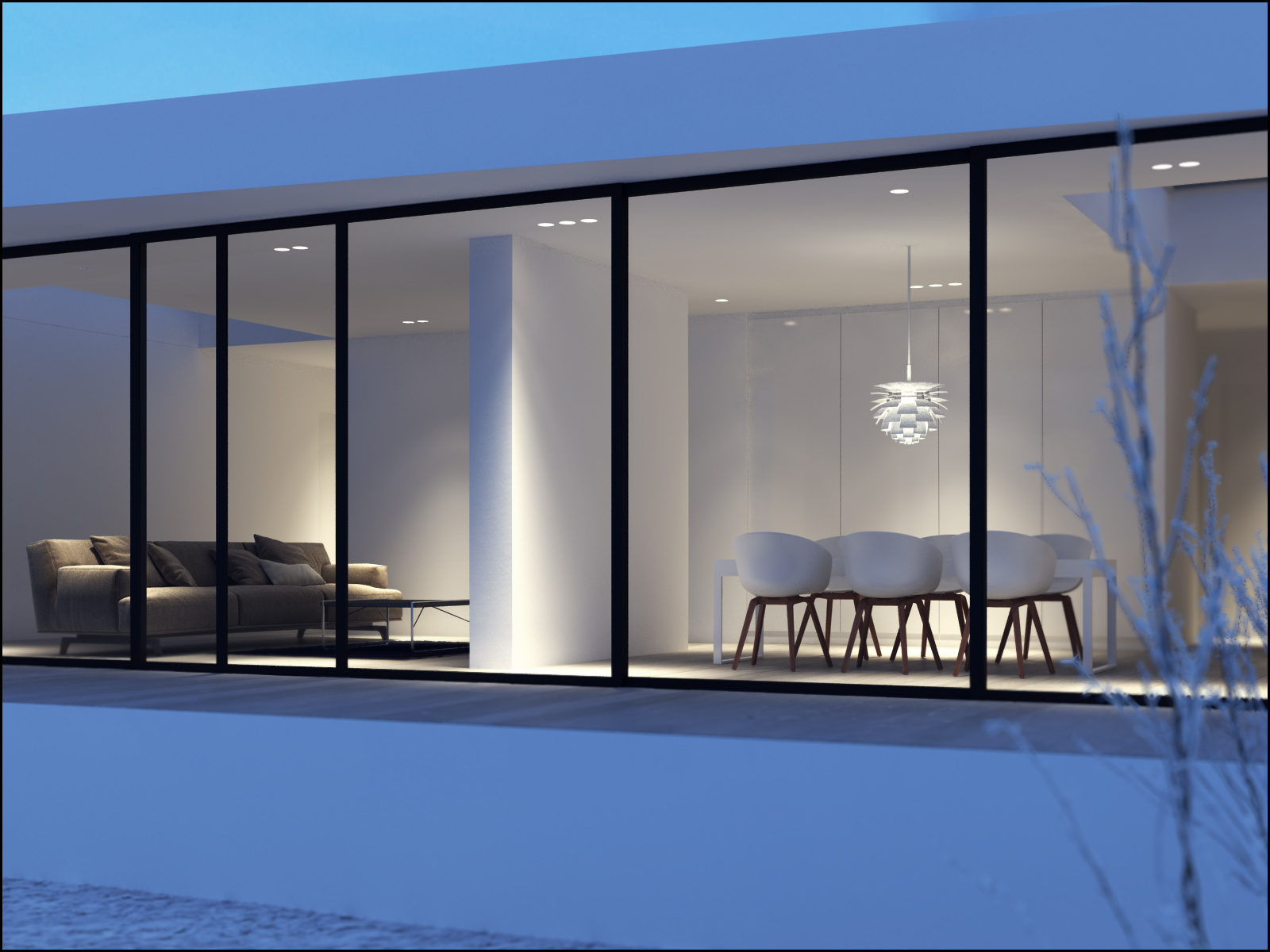 en 3d-gjengivelse av et moderne hus om natten.