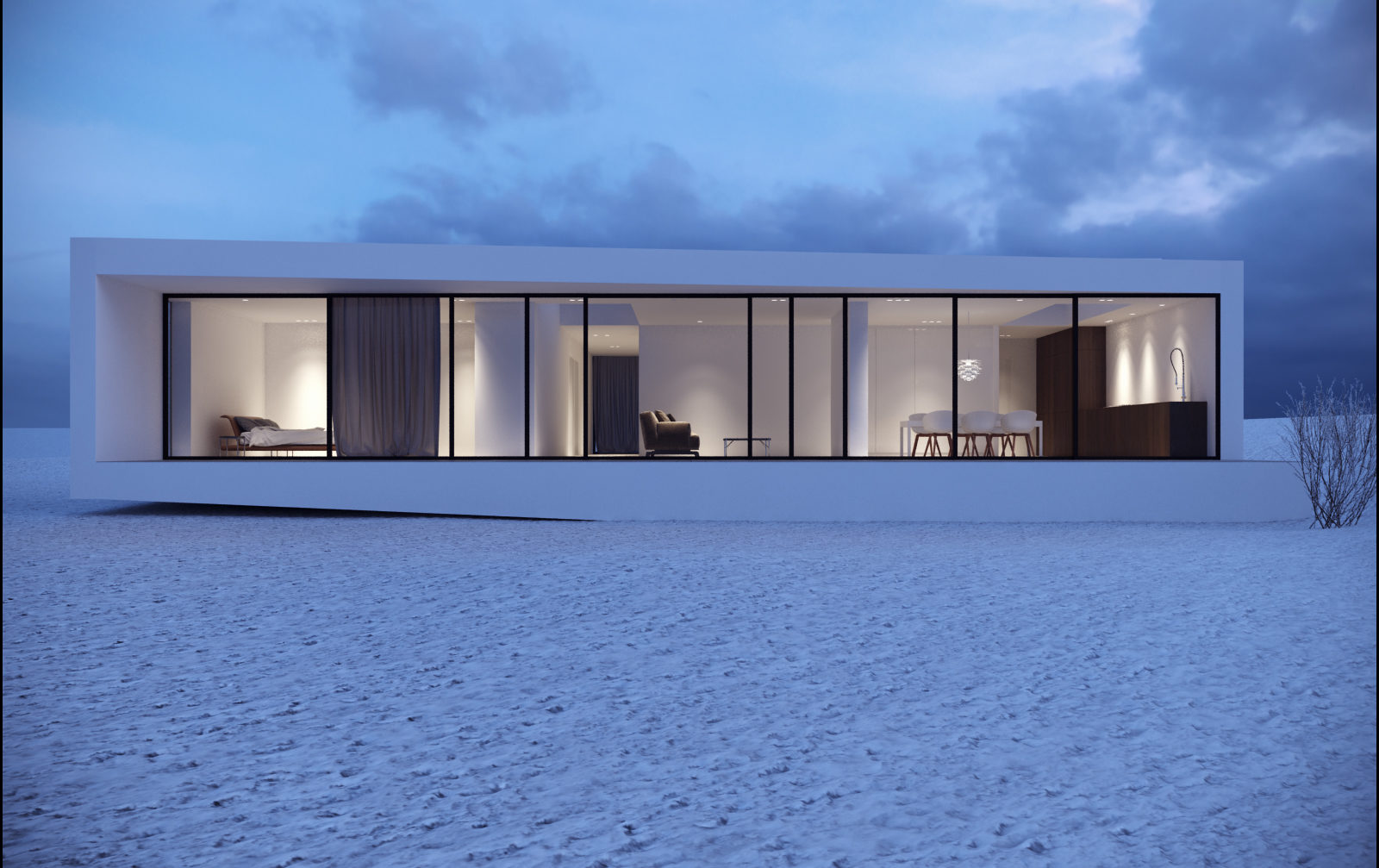 3D-gjengivelse av et moderne hus i ørkenen.
