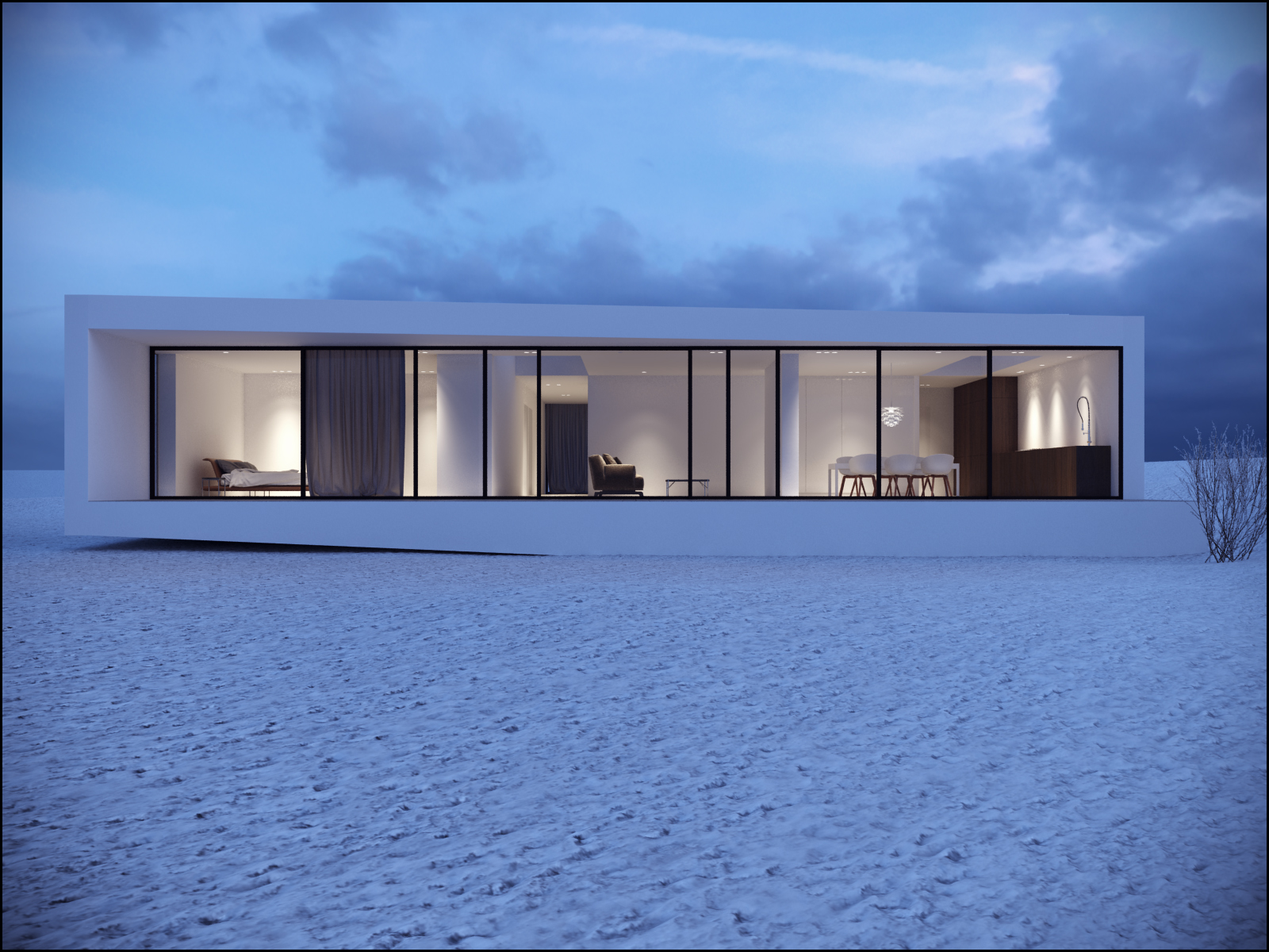 3D-gjengivelse av et moderne hus i ørkenen.