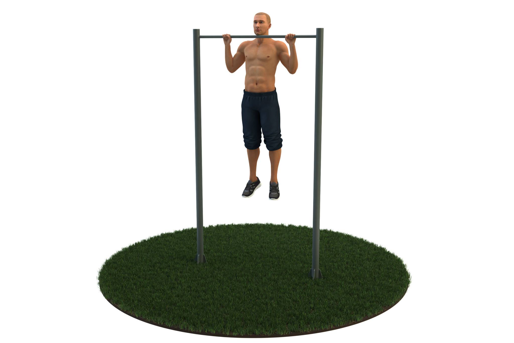 en mann gjør pull ups på et grønt gress.