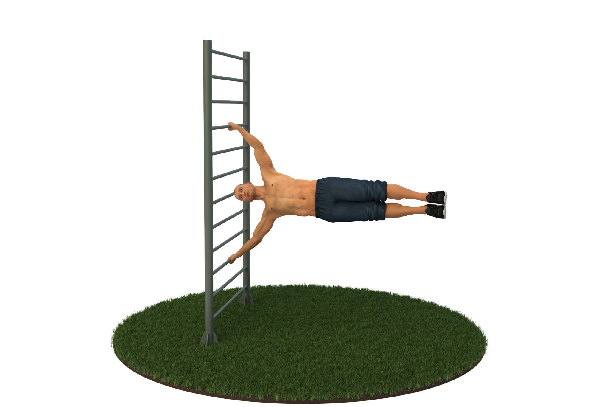 et bilde av en mann som gjør en push up på en stige.