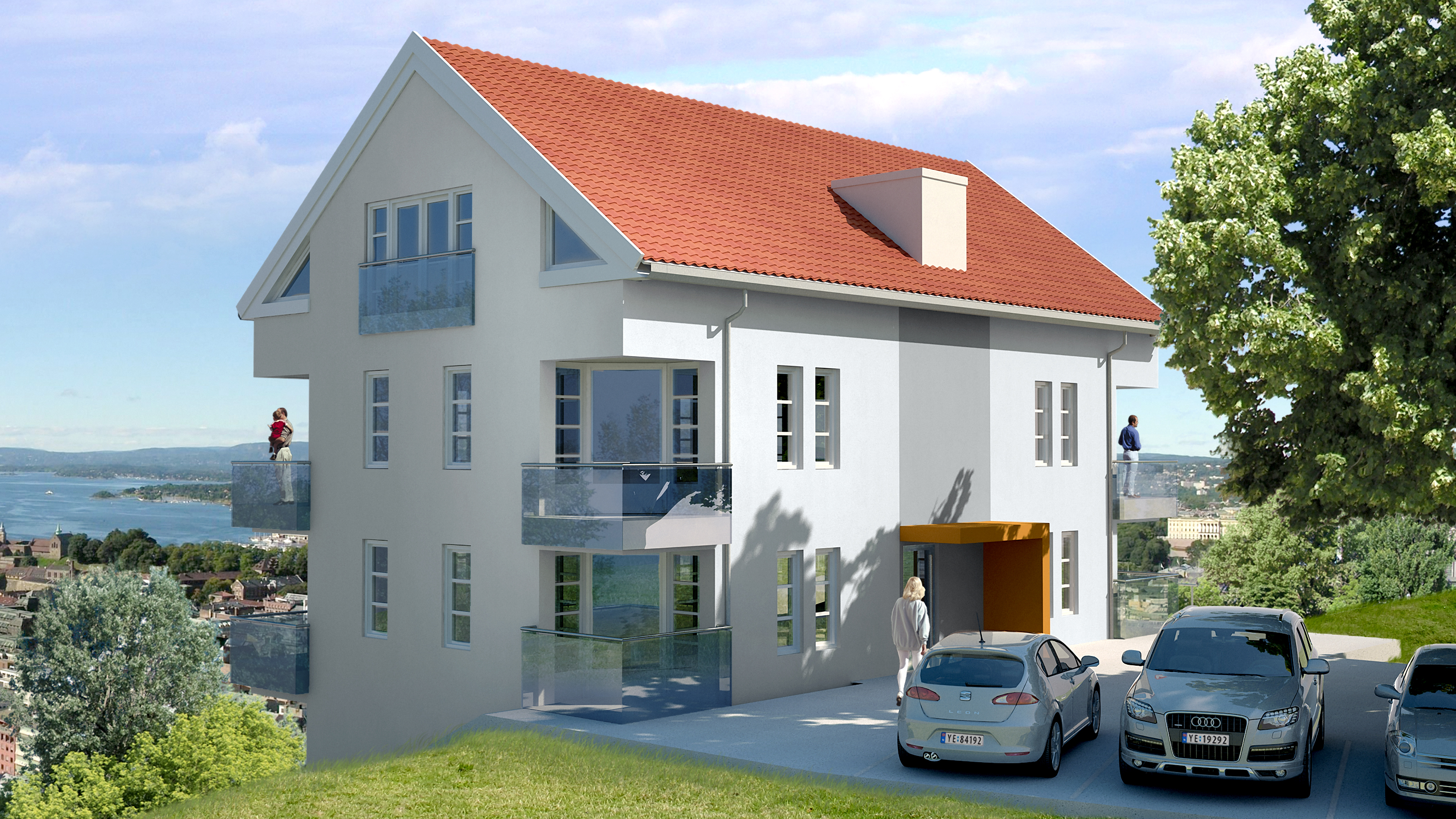 en bil står parkert foran et hus.