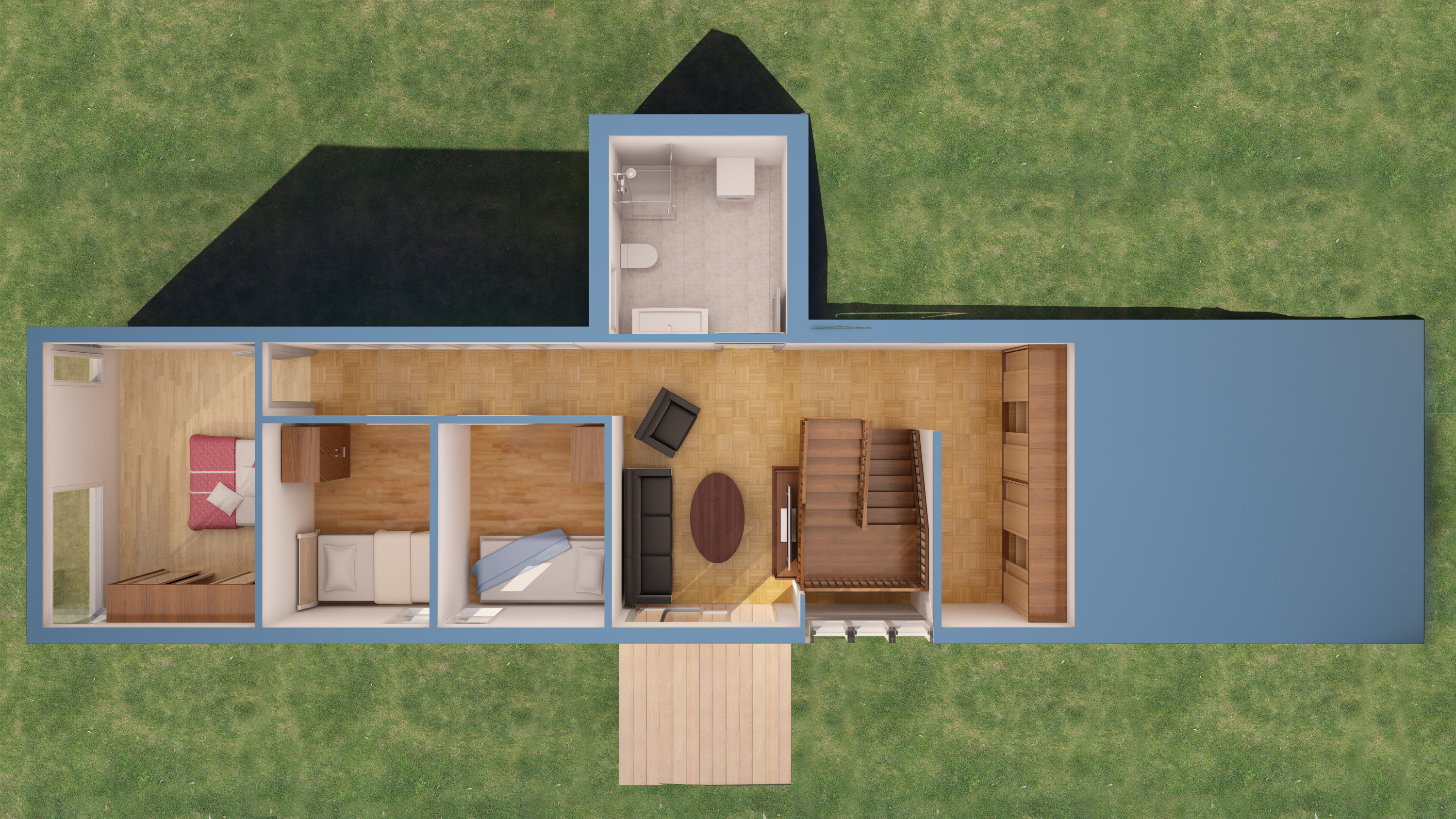 en 3d plantegning av et lite hus.