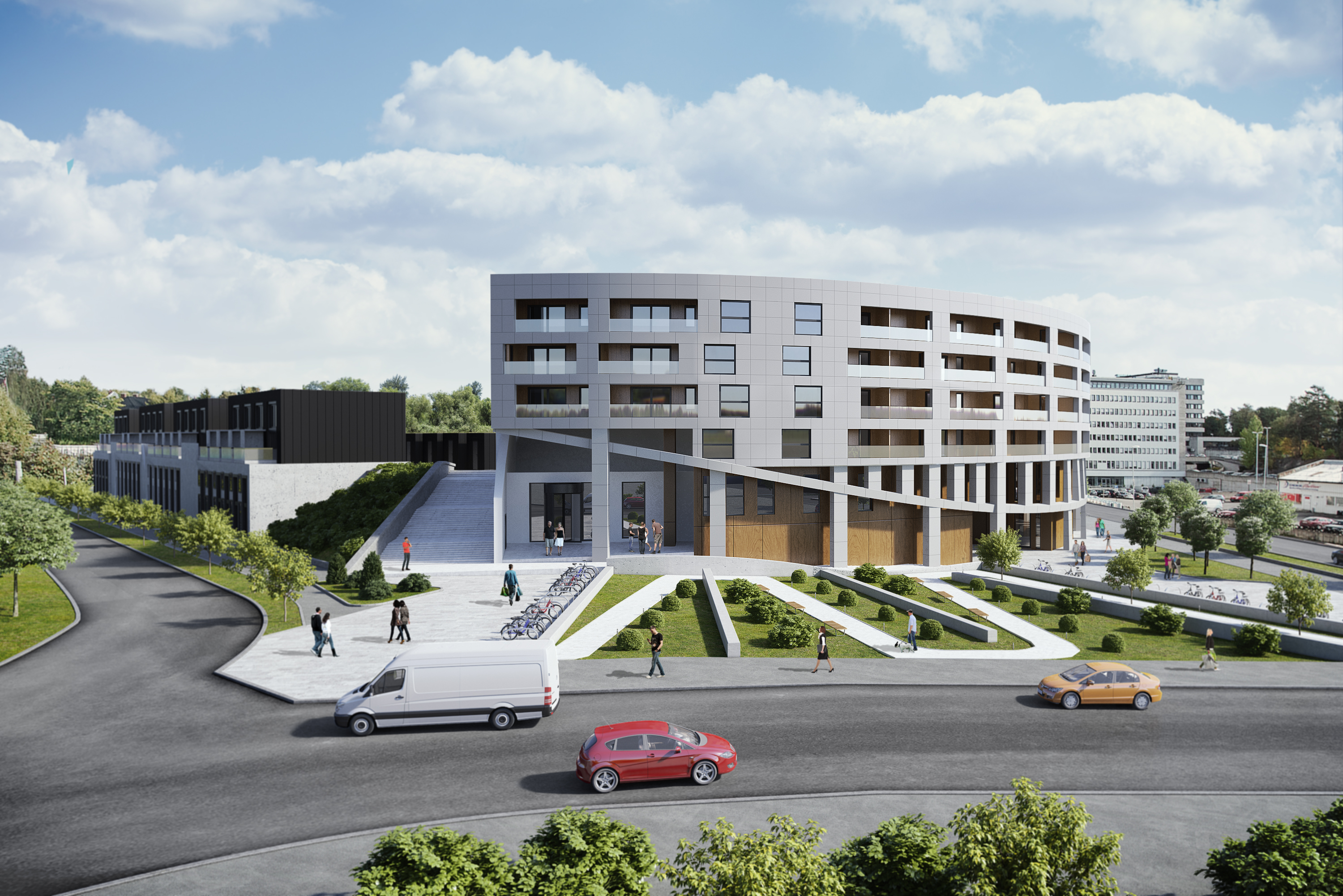 en kunstners gjengivelse av en moderne bygning.