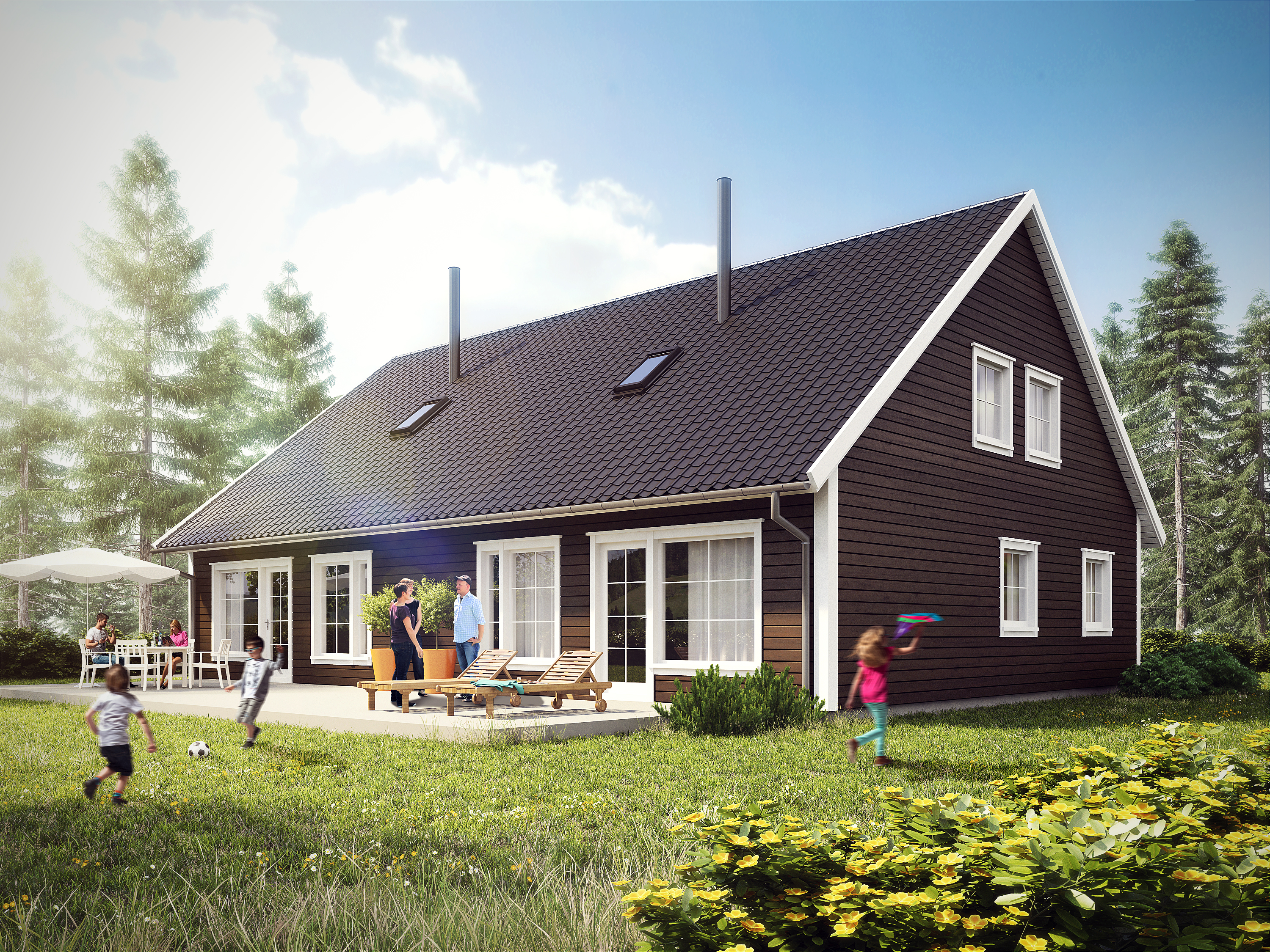 en 3d-gjengivelse av et hus med barn som leker ute.
