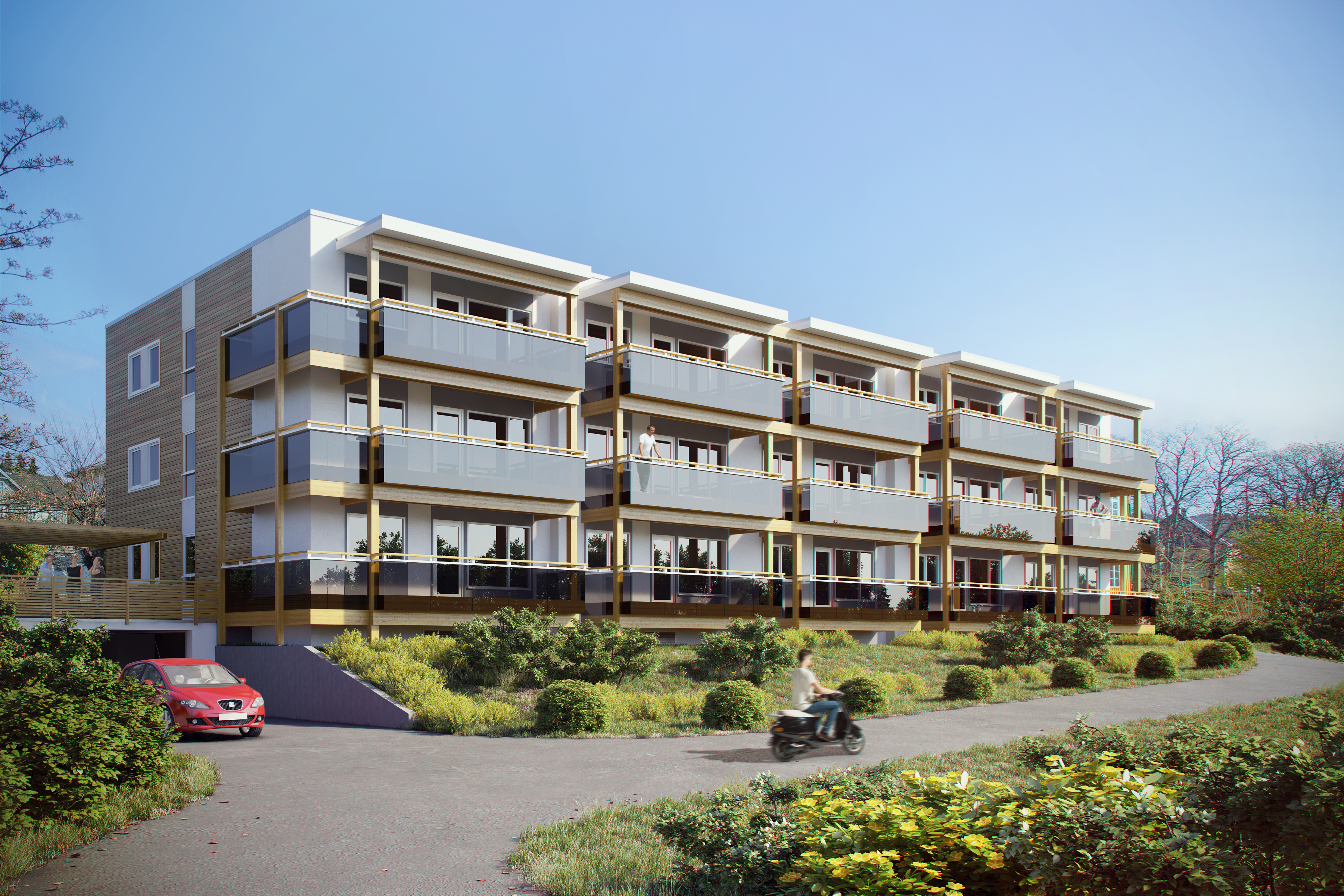 en gjengivelse av en bygård med en bil parkert foran.