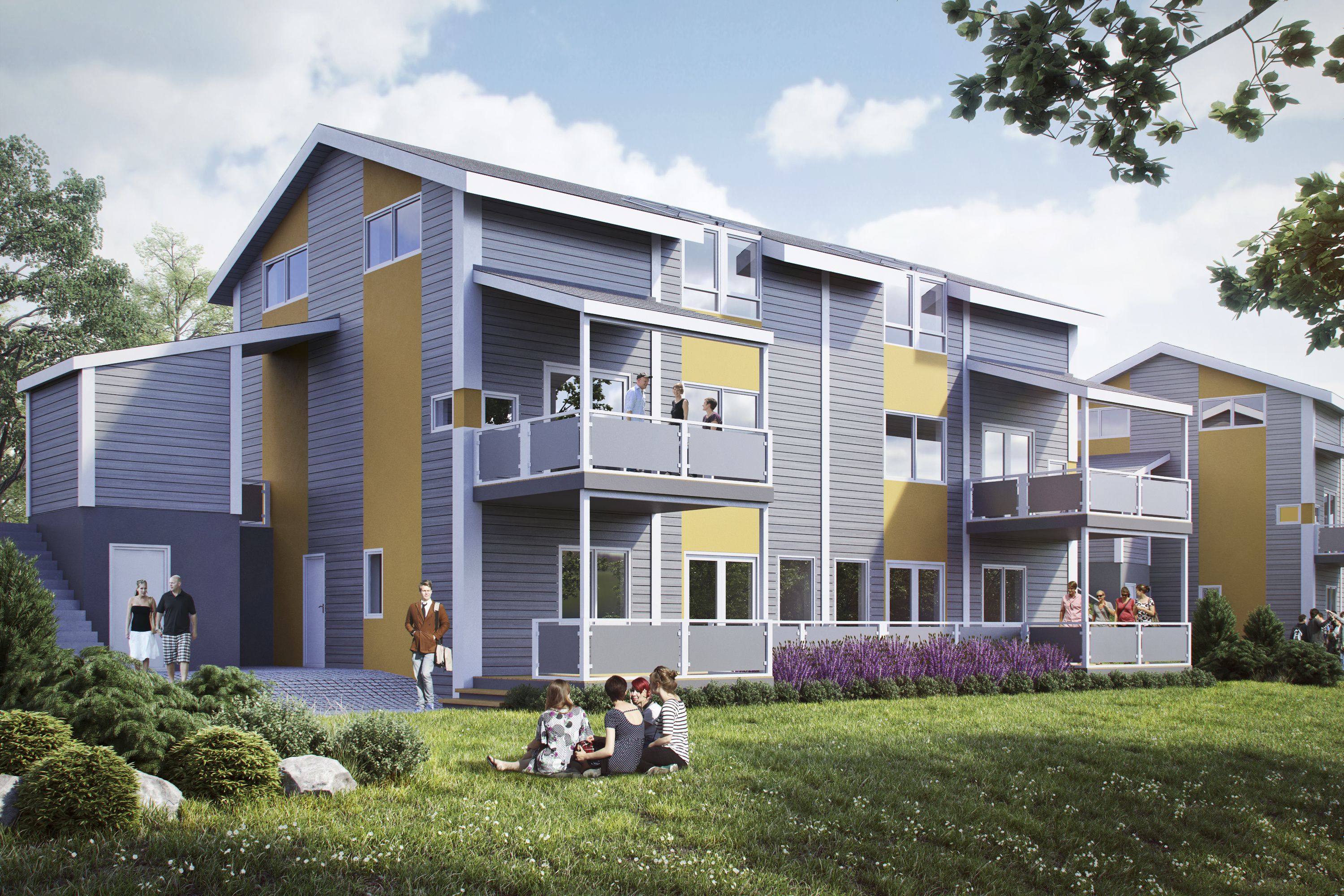 en kunstners gjengivelse av et leilighetskompleks.