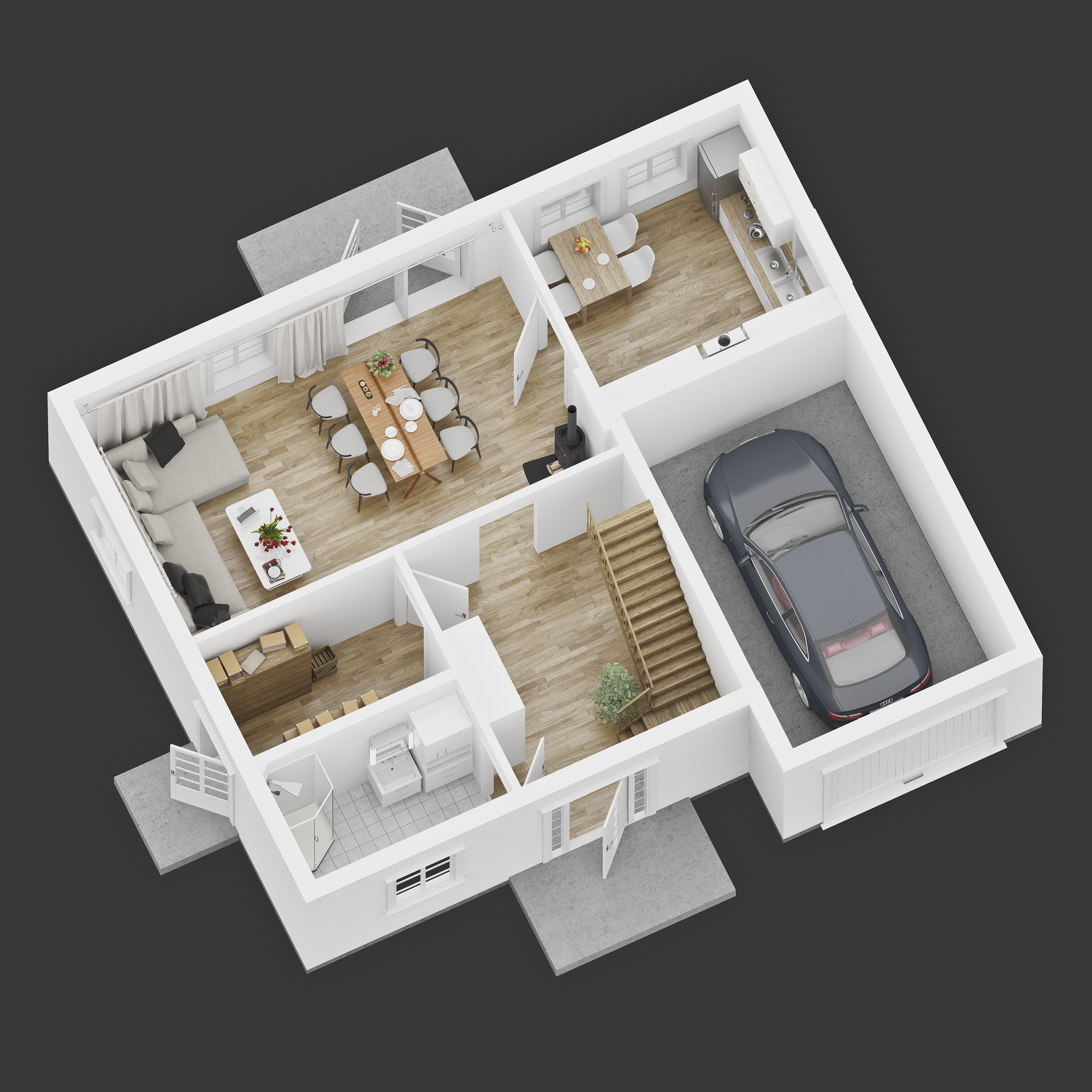 en 3d plantegning av et hus med en bil.