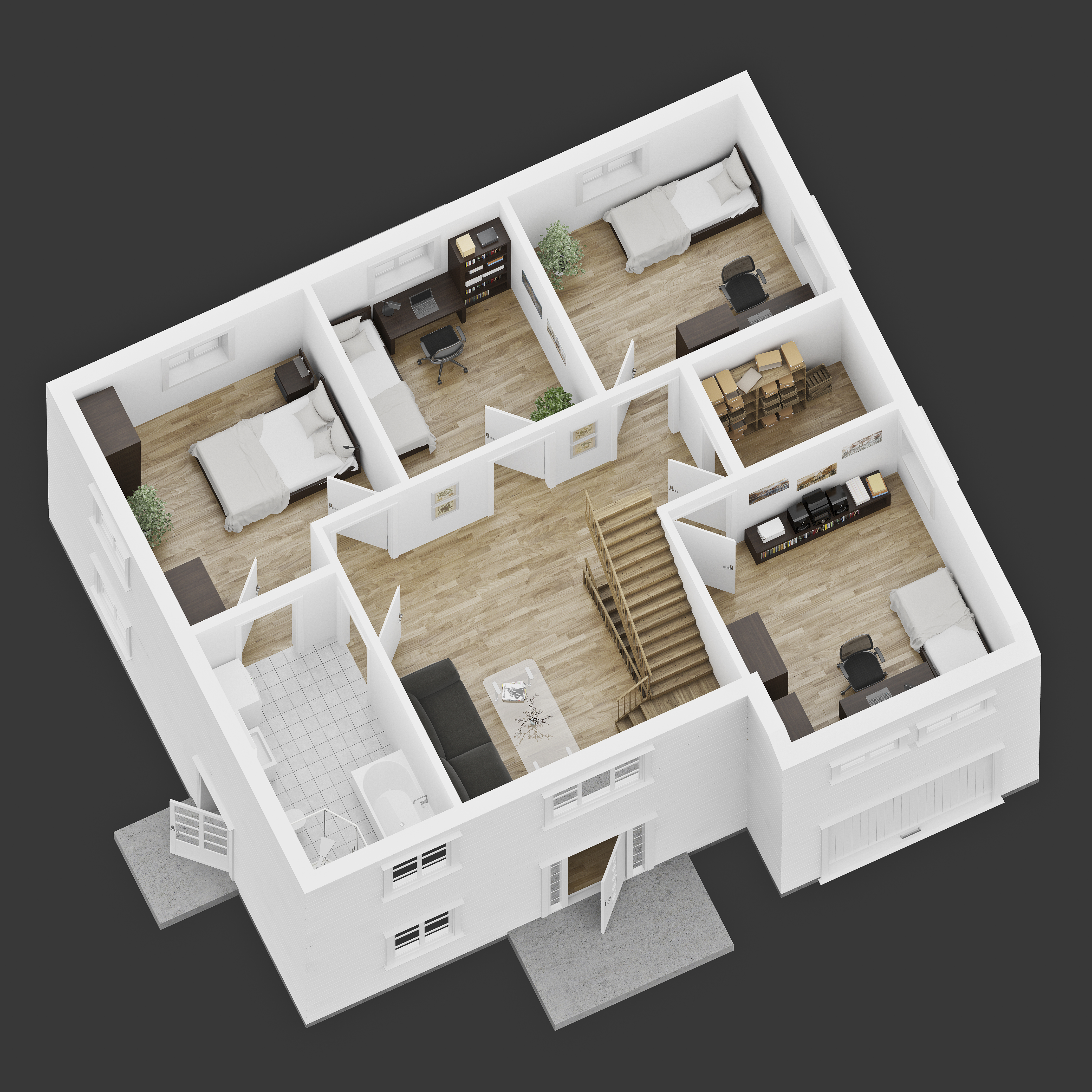 en 3d planløsning av et hus med to soverom og stue.