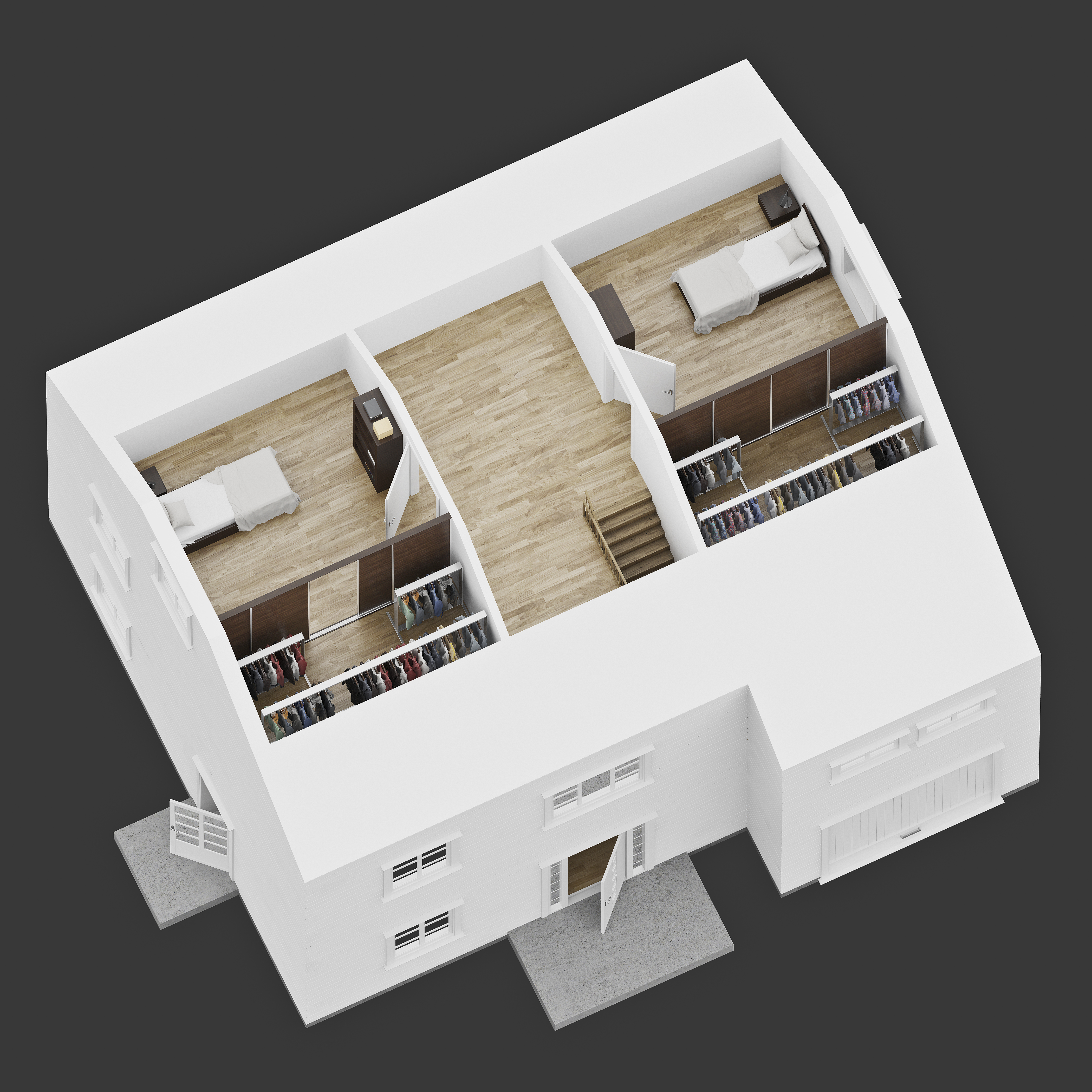 en 3d-modell av et hus med to soverom og stue.
