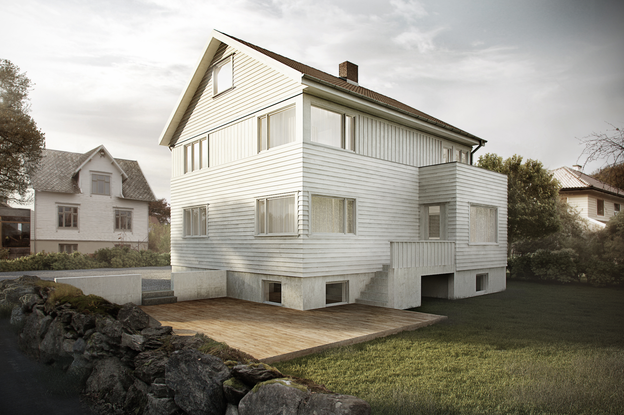 et hvitt hus midt i en gate.
