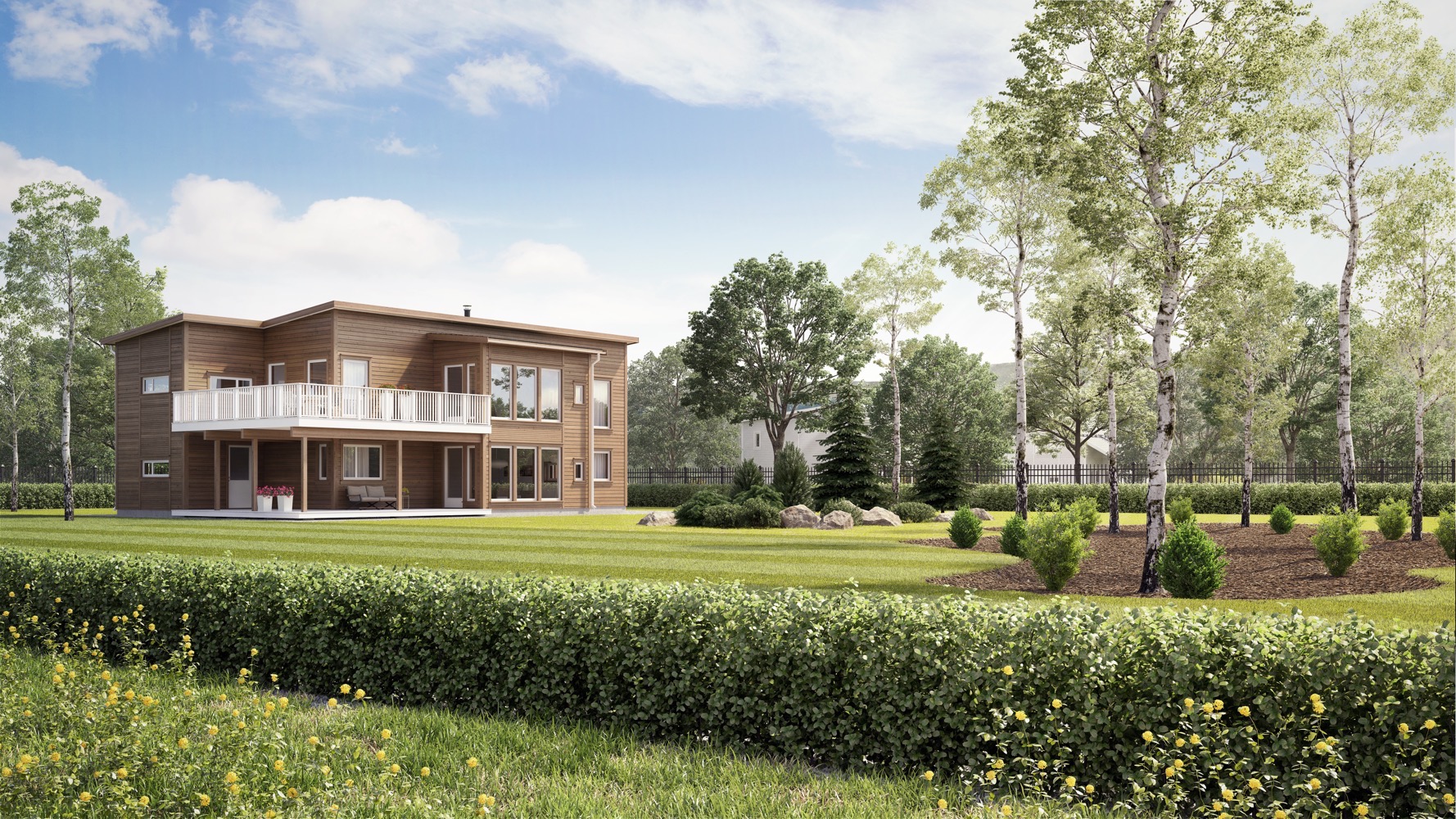 en 3d-gjengivelse av et hus på landsbygda.