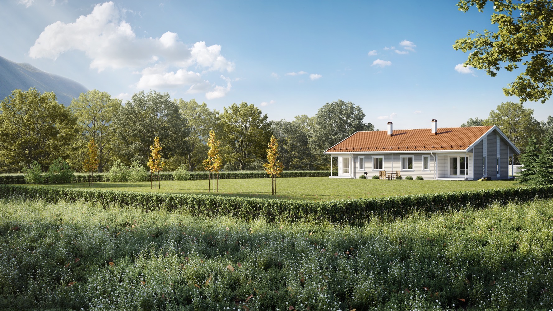 en 3d-gjengivelse av et hus i et felt.