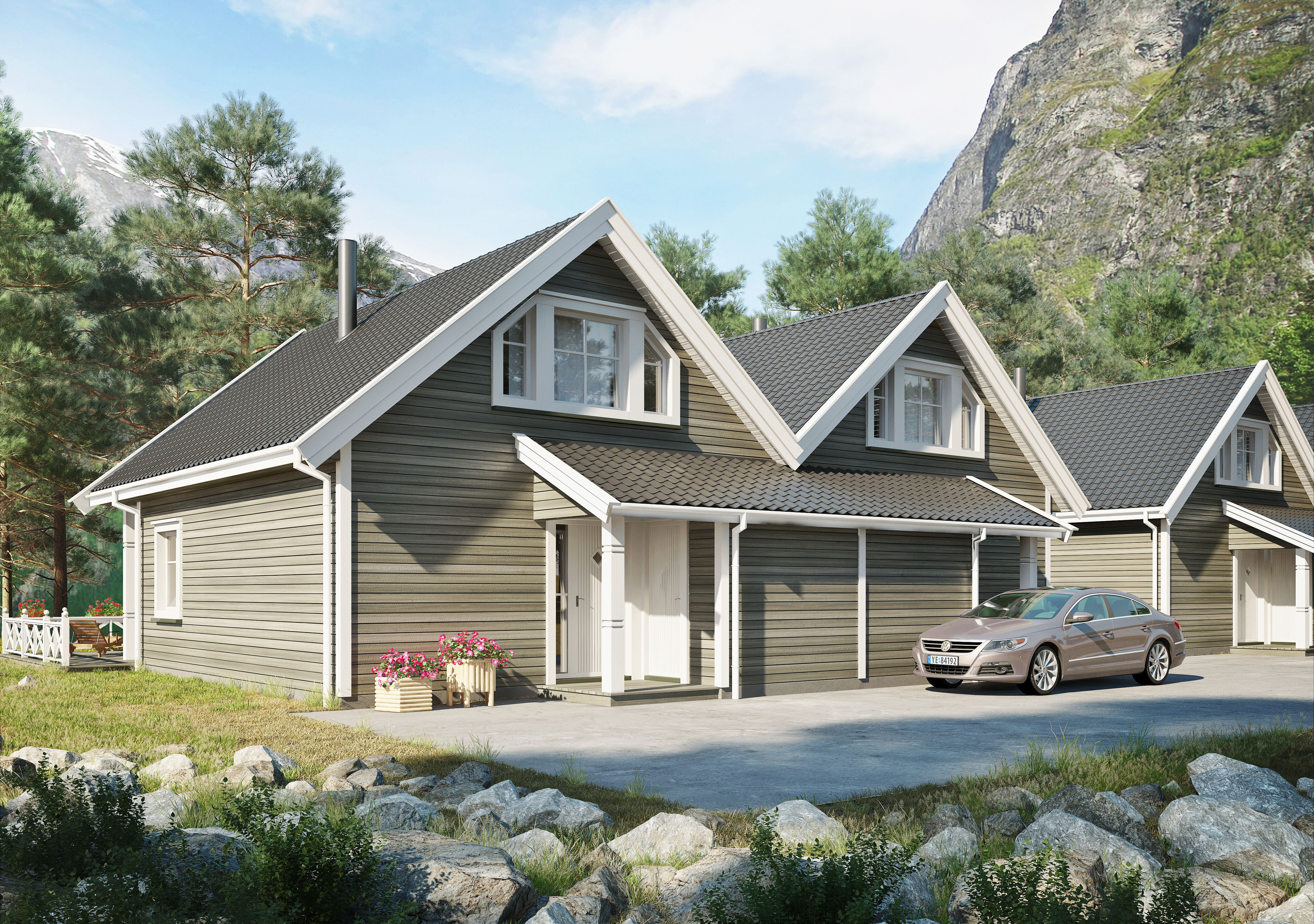 en gjengivelse av en hytte med en bil parkert foran.