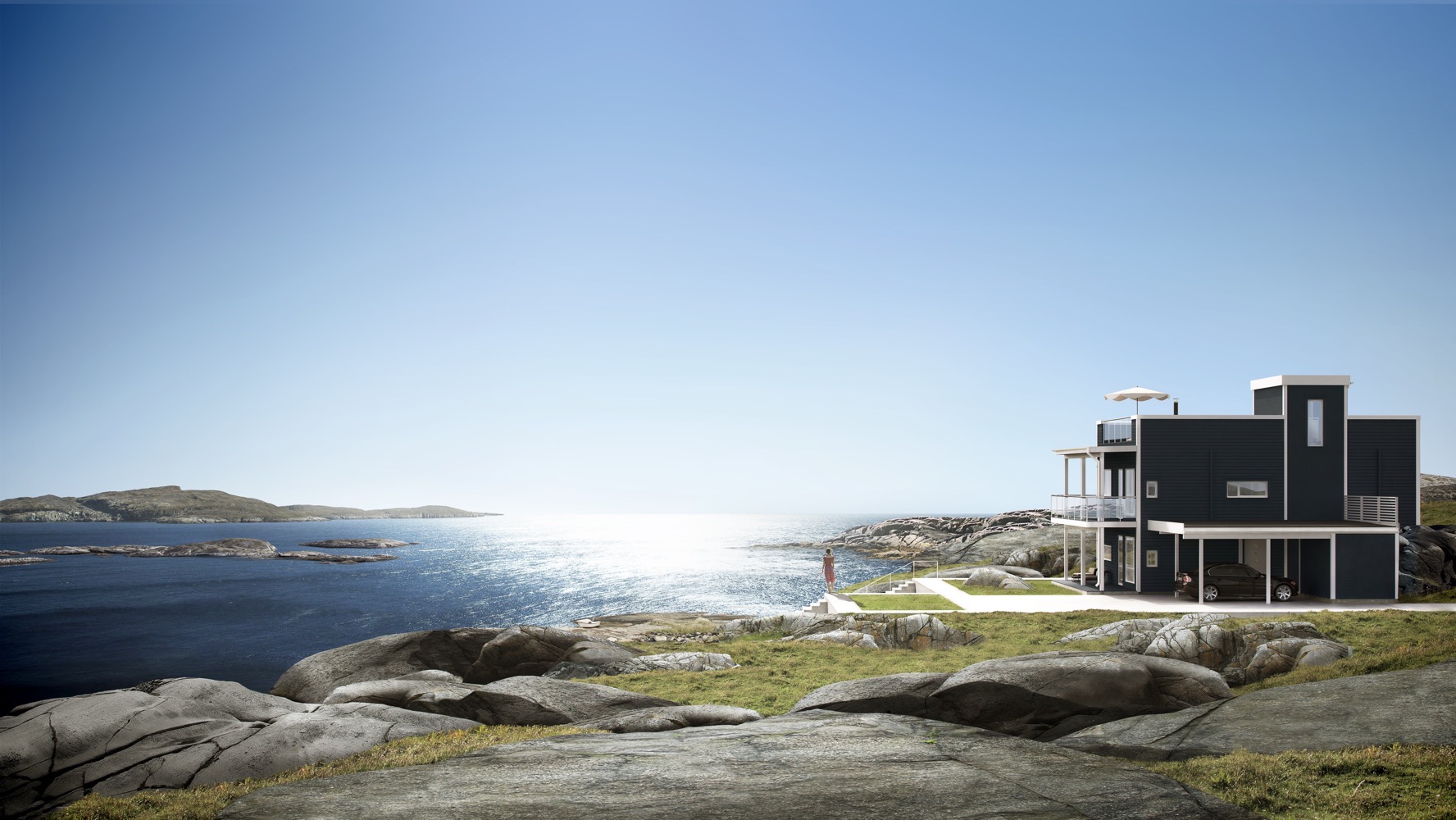 et svart hus ligger på toppen av en høyde med utsikt over havet.