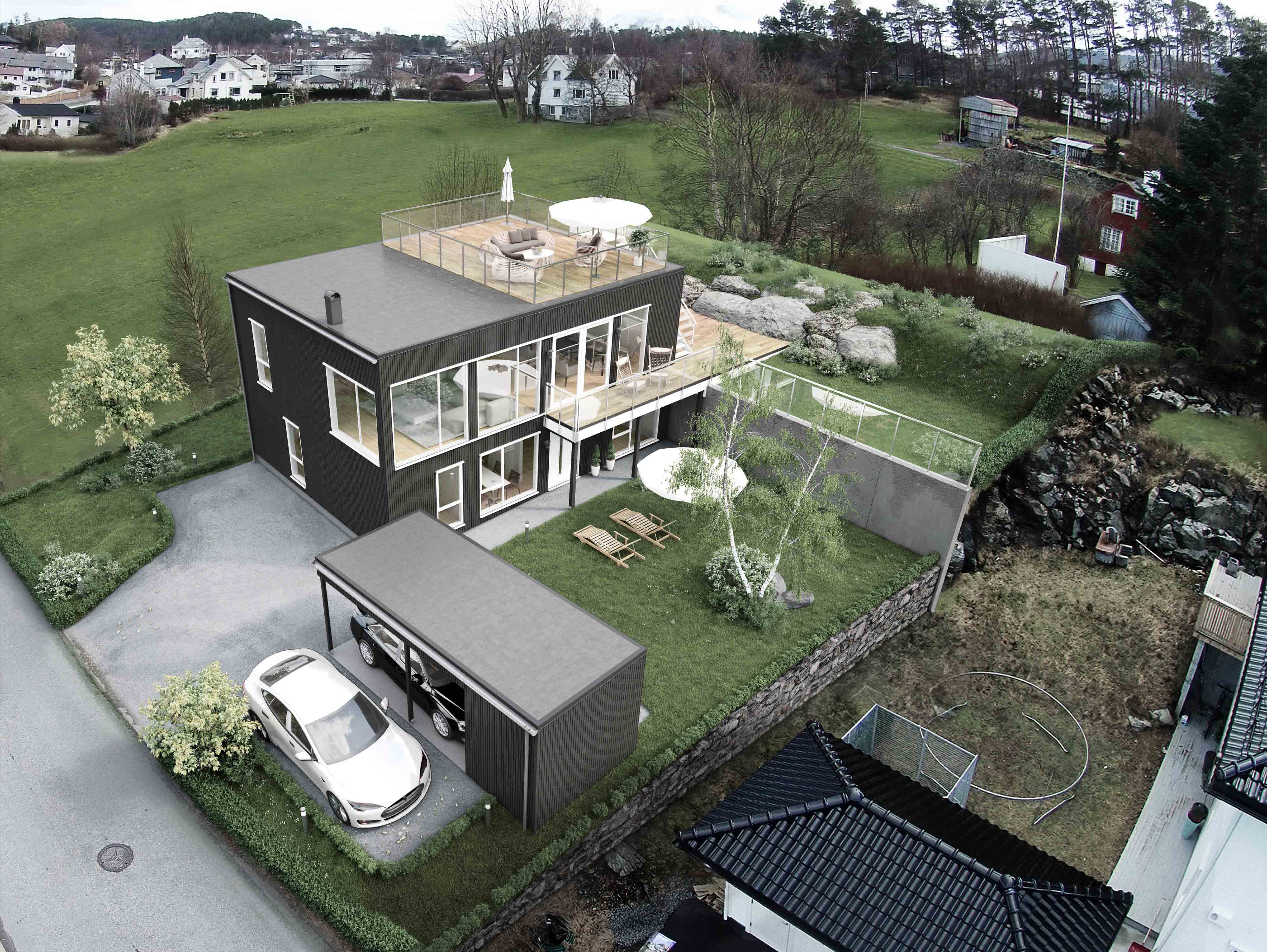 en luftfoto av et moderne hus i sverige.