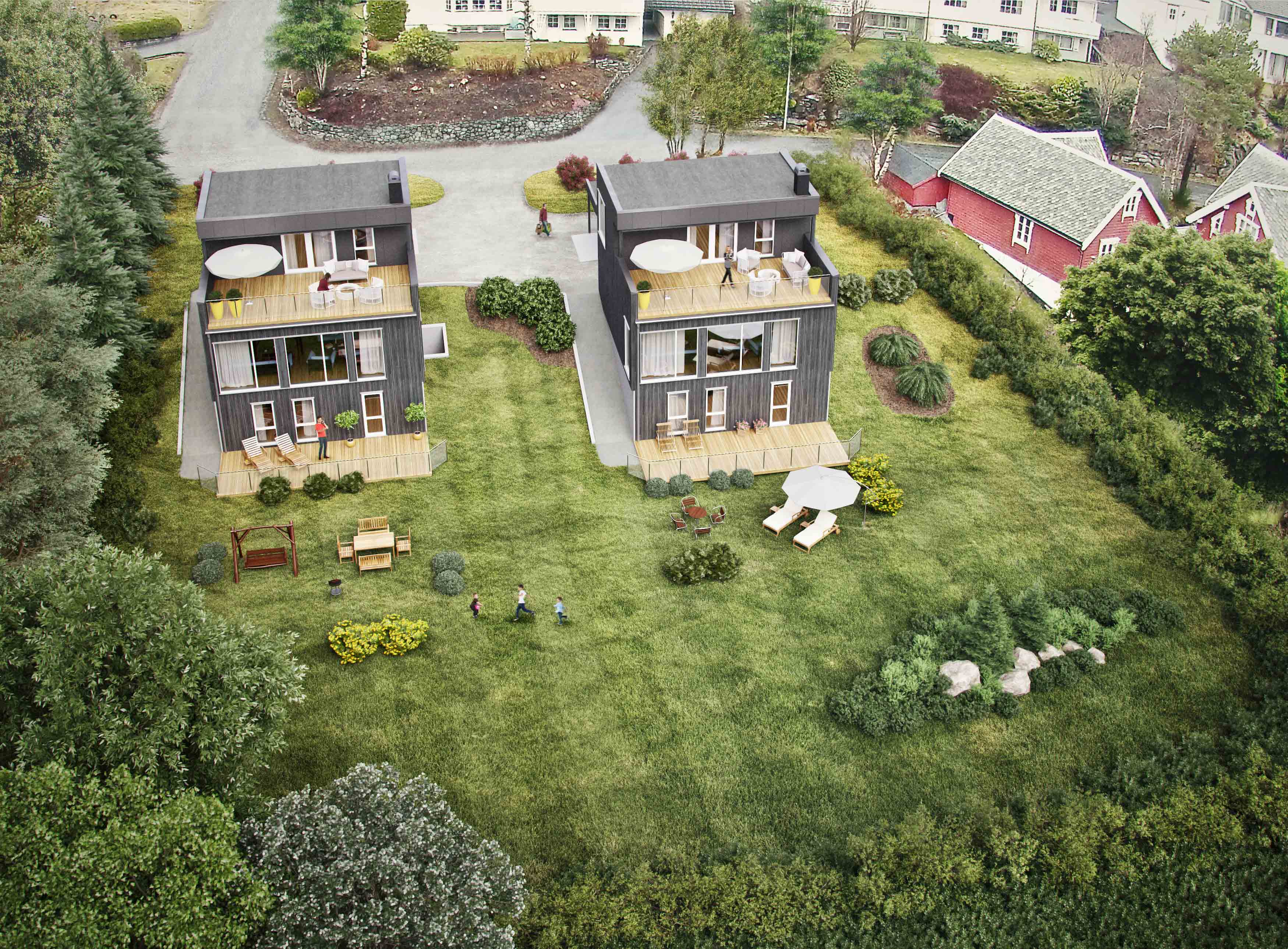 et luftfoto av et hus midt i en hage.