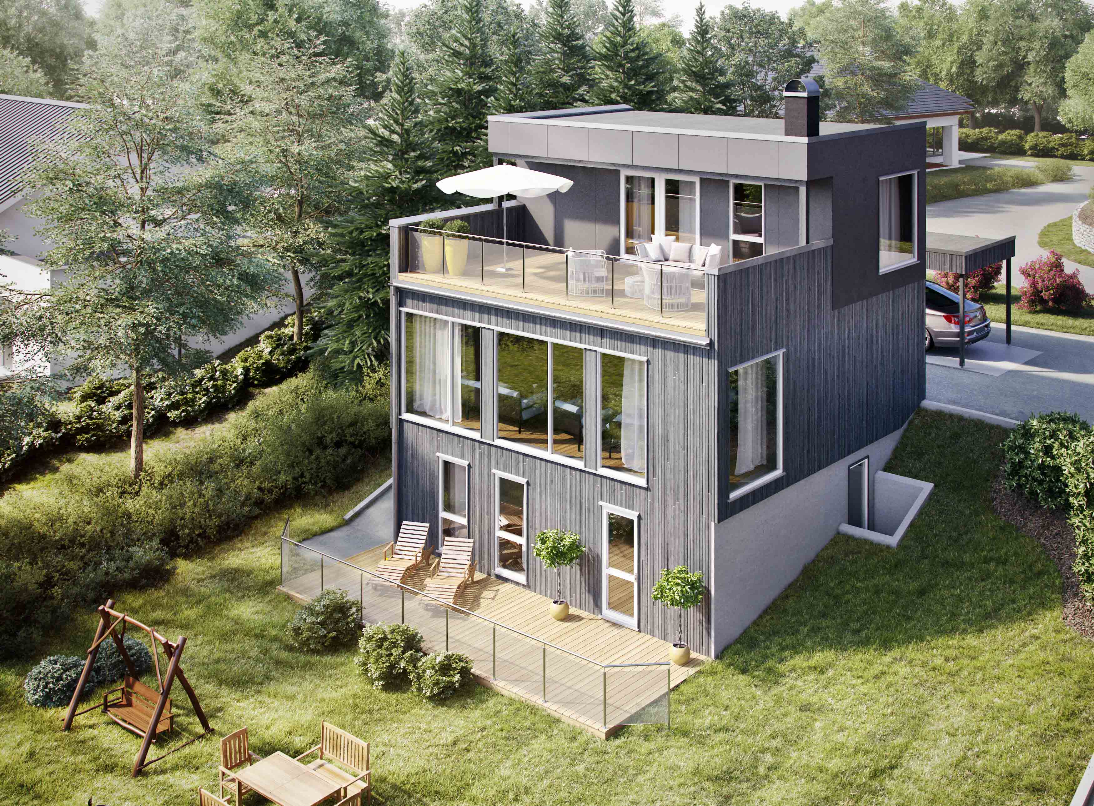 en gjengivelse av et moderne hus med balkong.