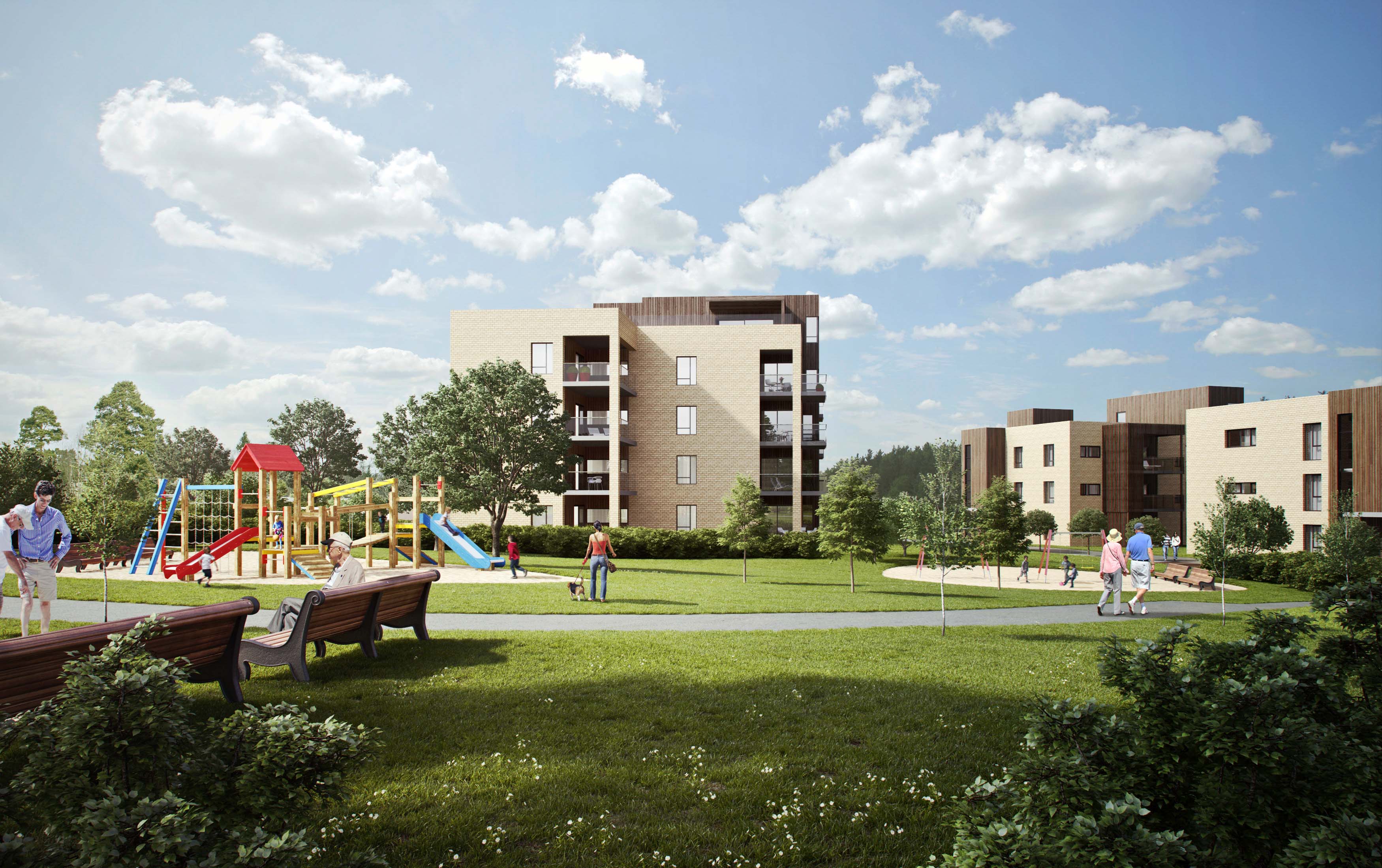 en kunstnerisk gjengivelse av et leilighetskompleks med lekeplass.