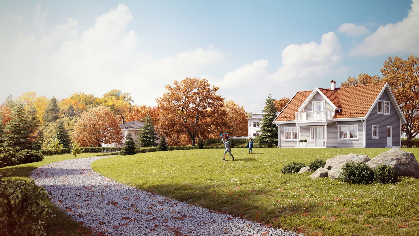 en 3d-gjengivelse av et hus om høsten.