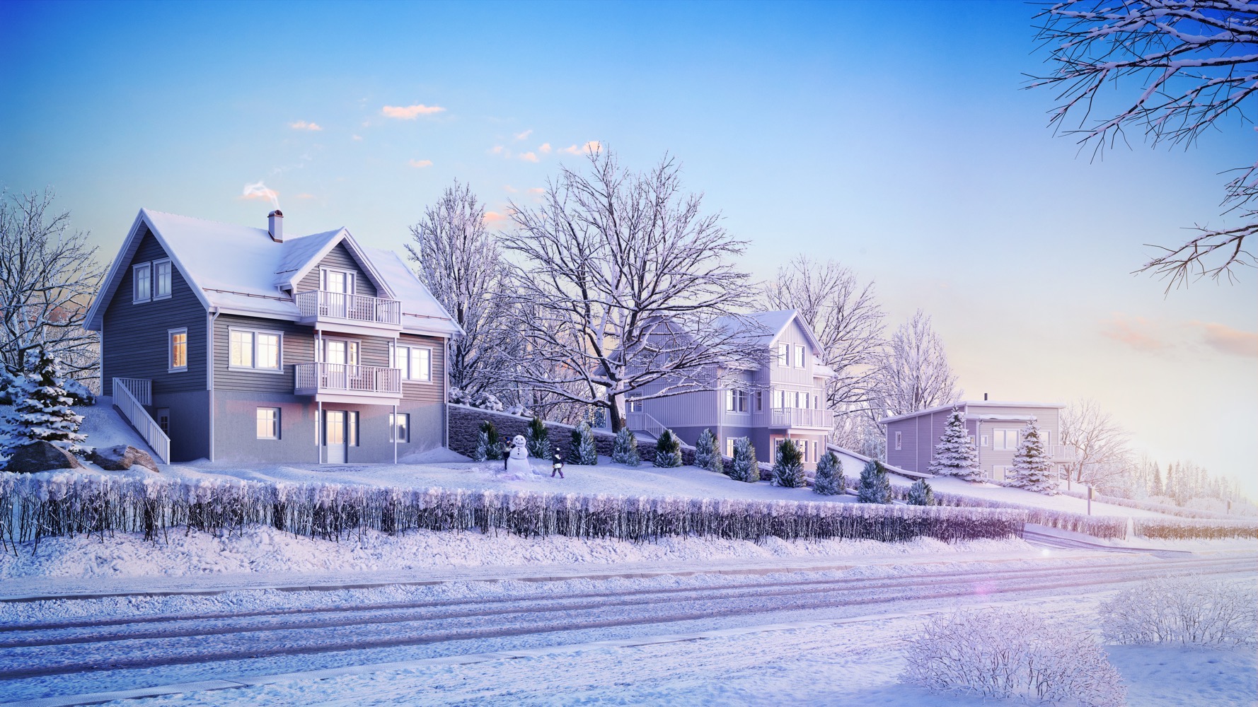en vinterscene med hus på en snødekt vei.