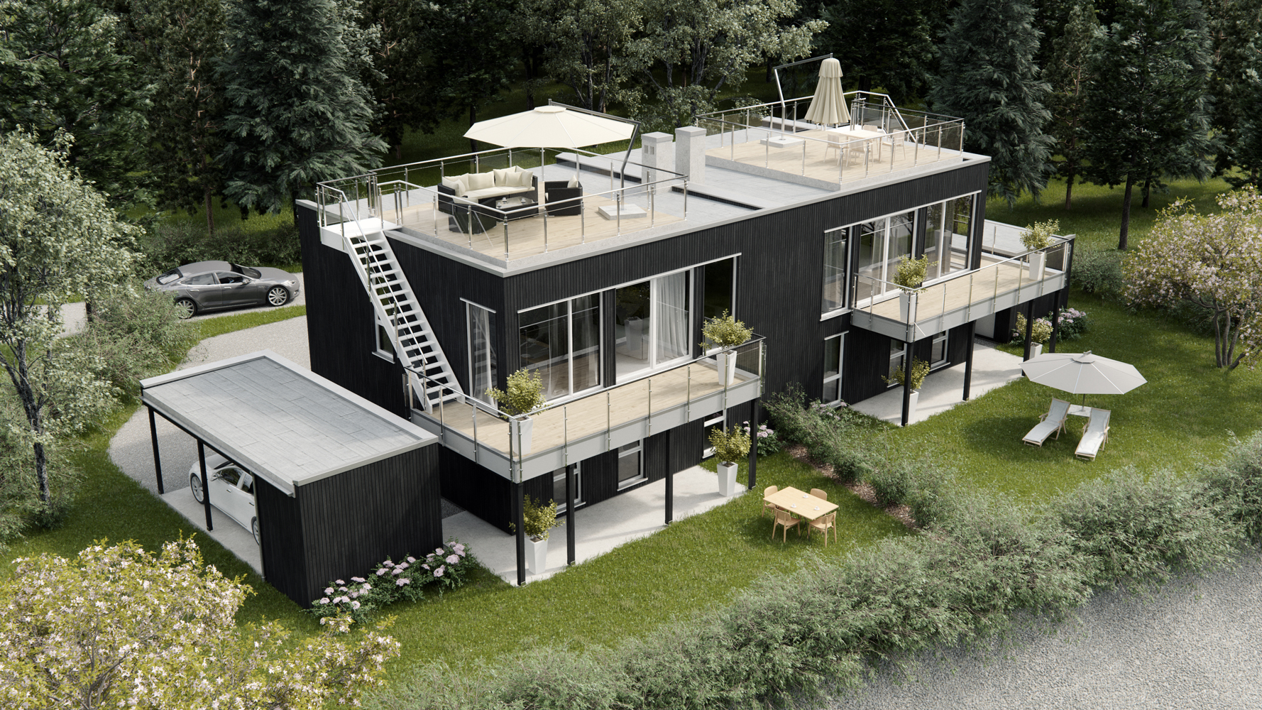 en 3d-gjengivelse av et moderne containerhus.