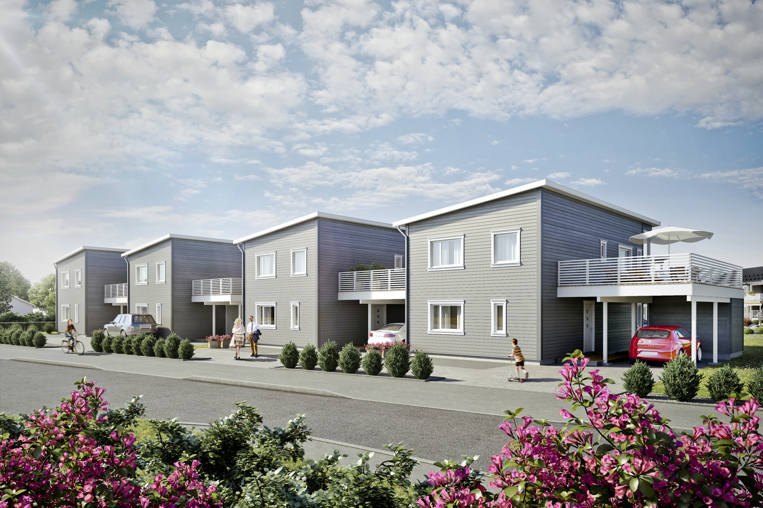 en kunstners gjengivelse av et moderne leilighetskompleks.