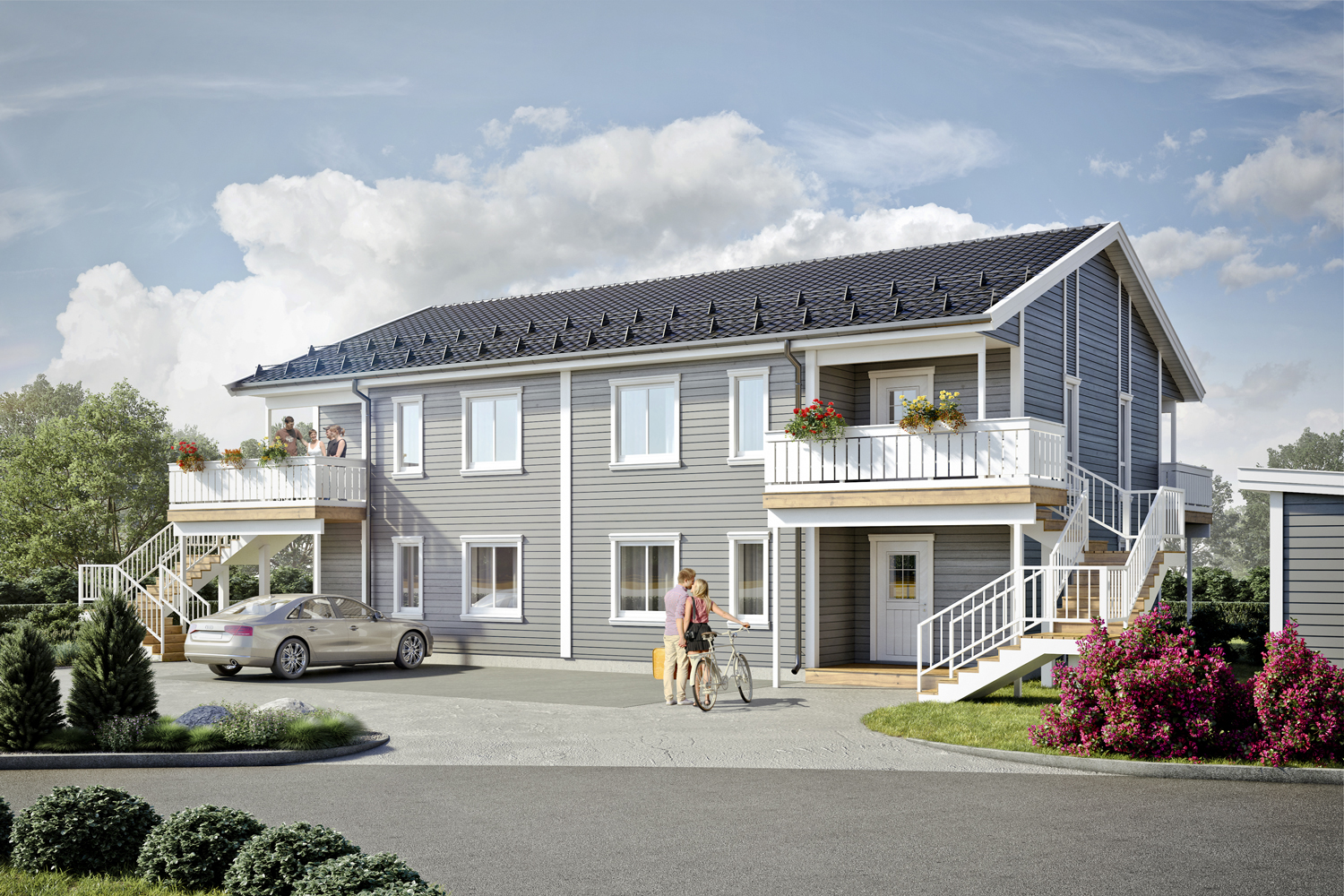 en gjengivelse av et hus med en bil parkert foran.
