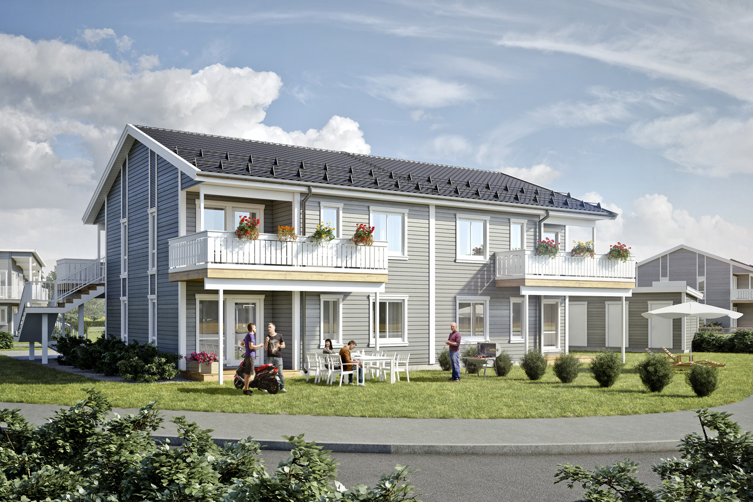 en gjengivelse av et hus med balkong.