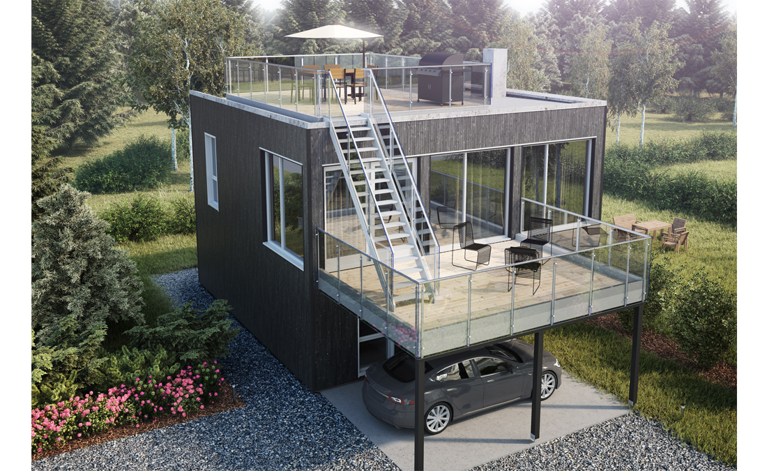 en 3d-gjengivelse av et containerhus med en bil på taket.