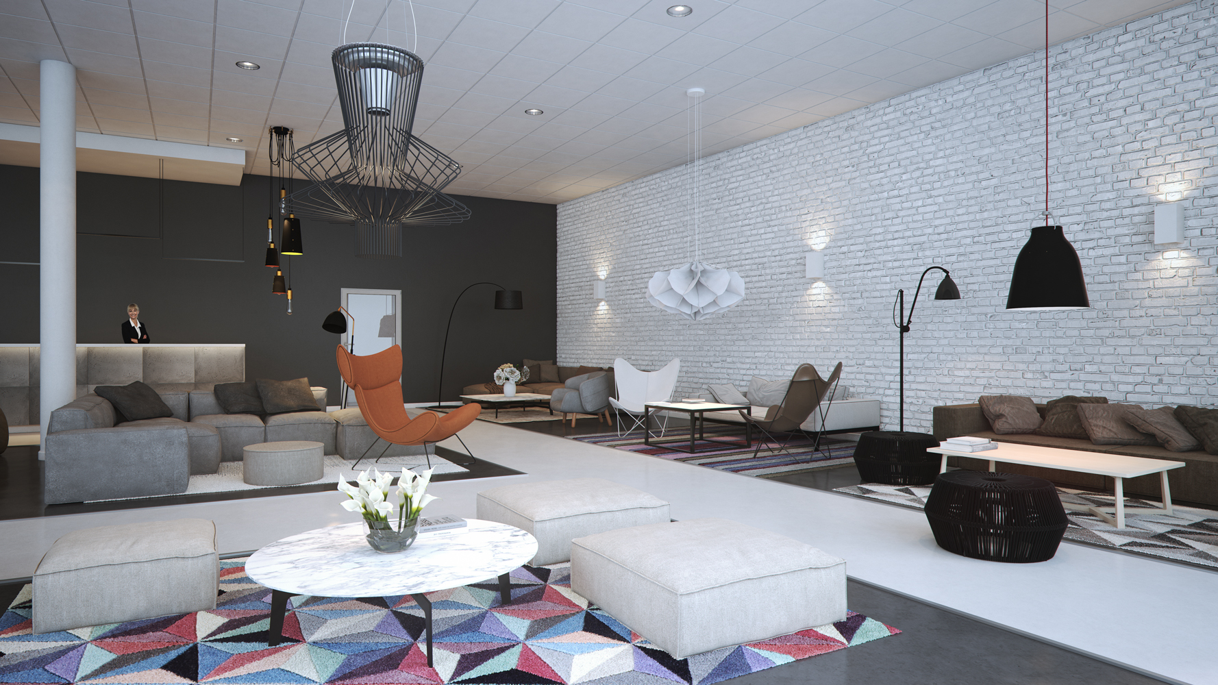 en 3d-gjengivelse av en moderne stue.