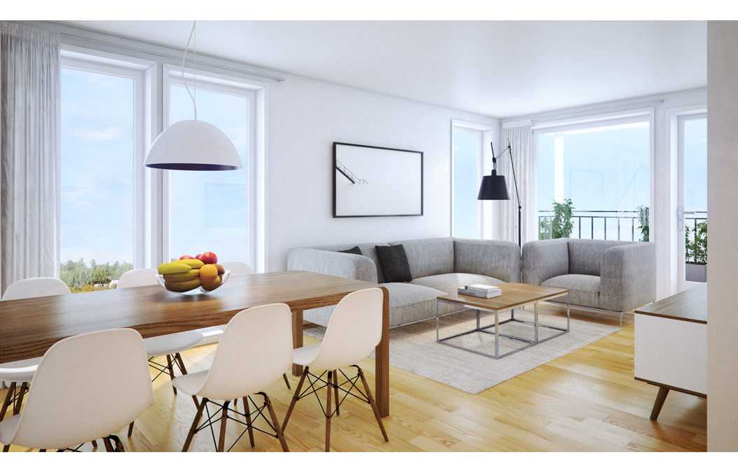 3D-gjengivelse av en stue i en moderne leilighet.