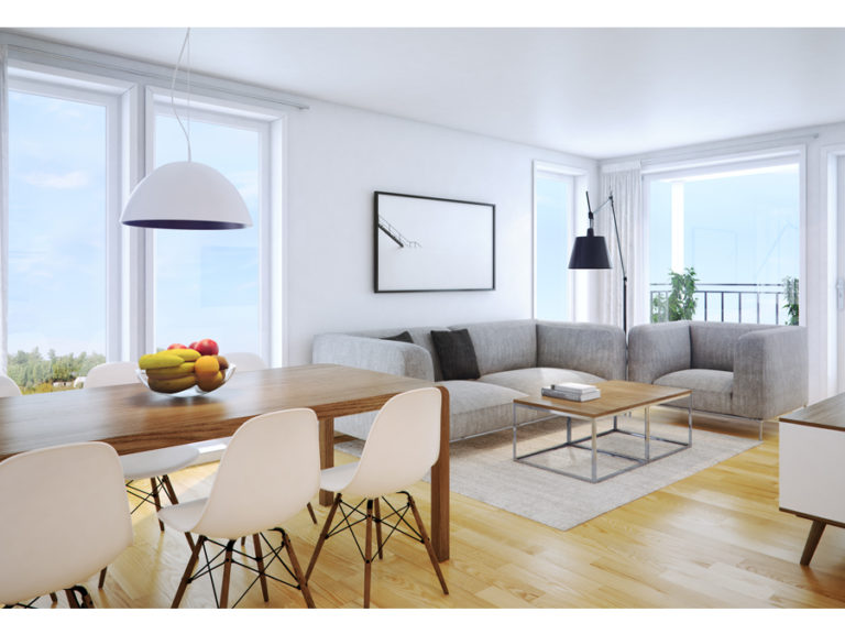 3D-gjengivelse av en stue i en moderne leilighet.