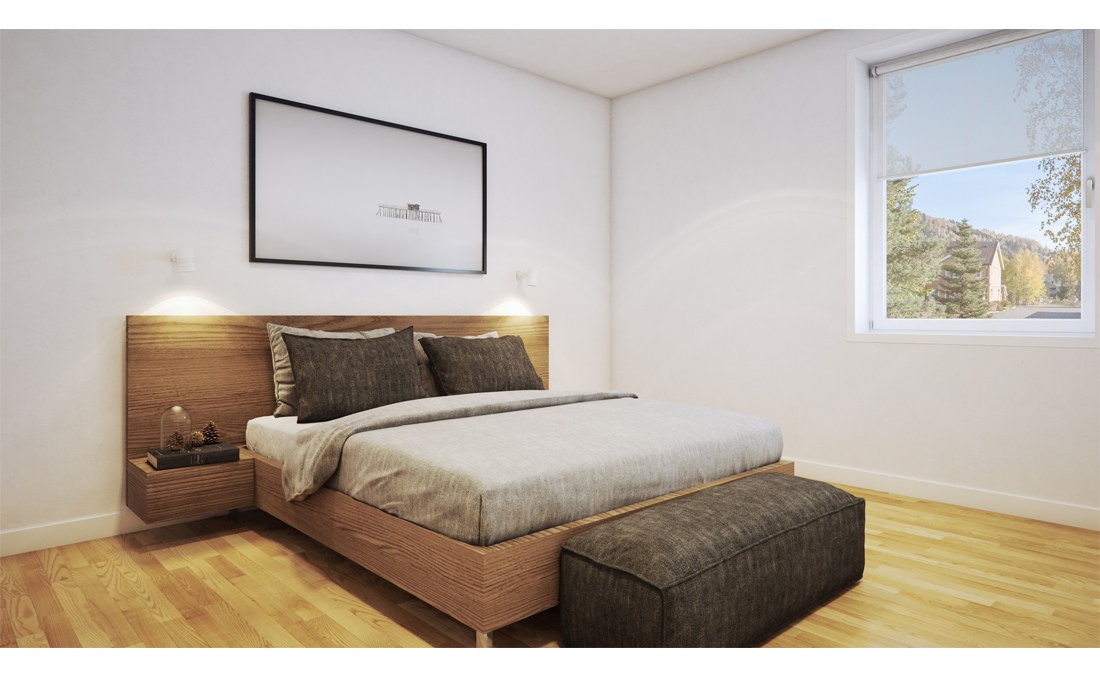 3D-gjengivelse av et soverom med en seng og et vindu.