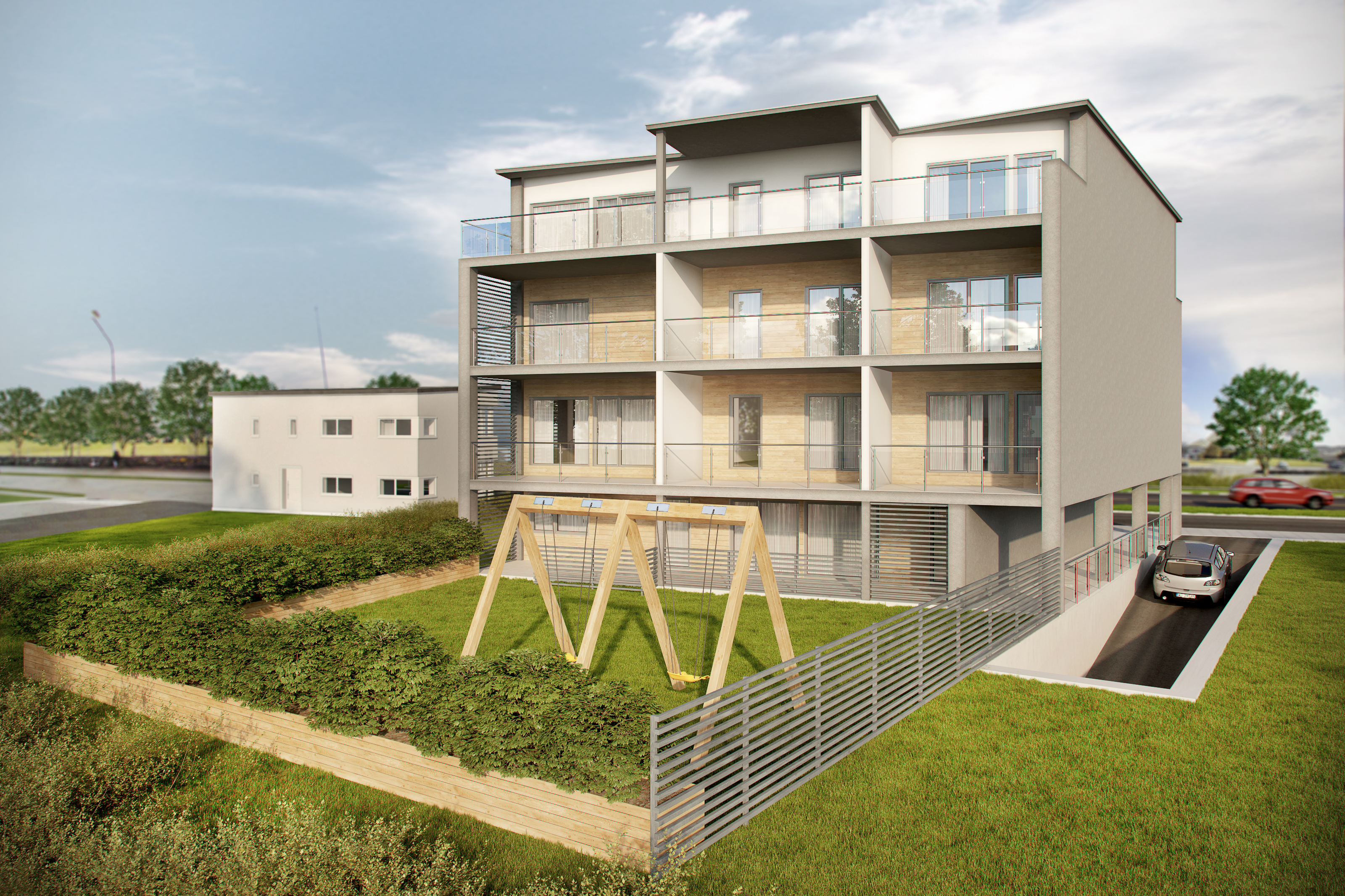 en 3d-gjengivelse av en bygård.