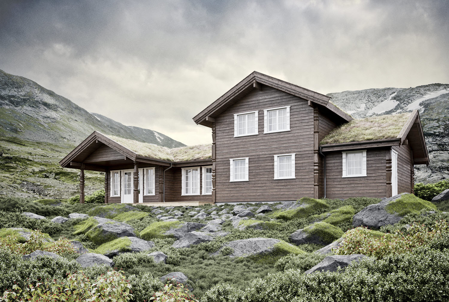 et Telemarkhytterhus midt på et fjell, visualisert i 3D.