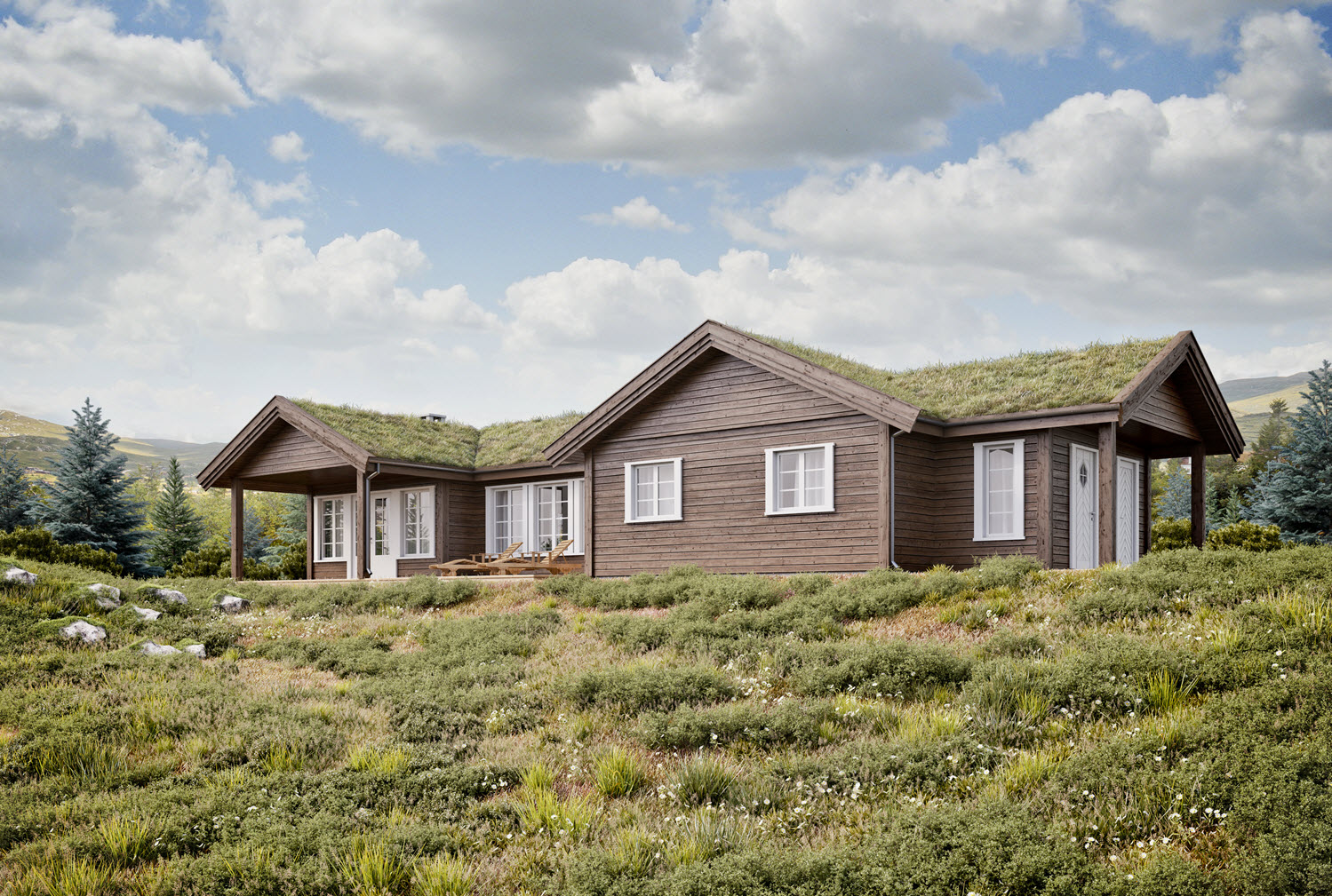 3D-Visualisering av en liten hytte med gresstak.