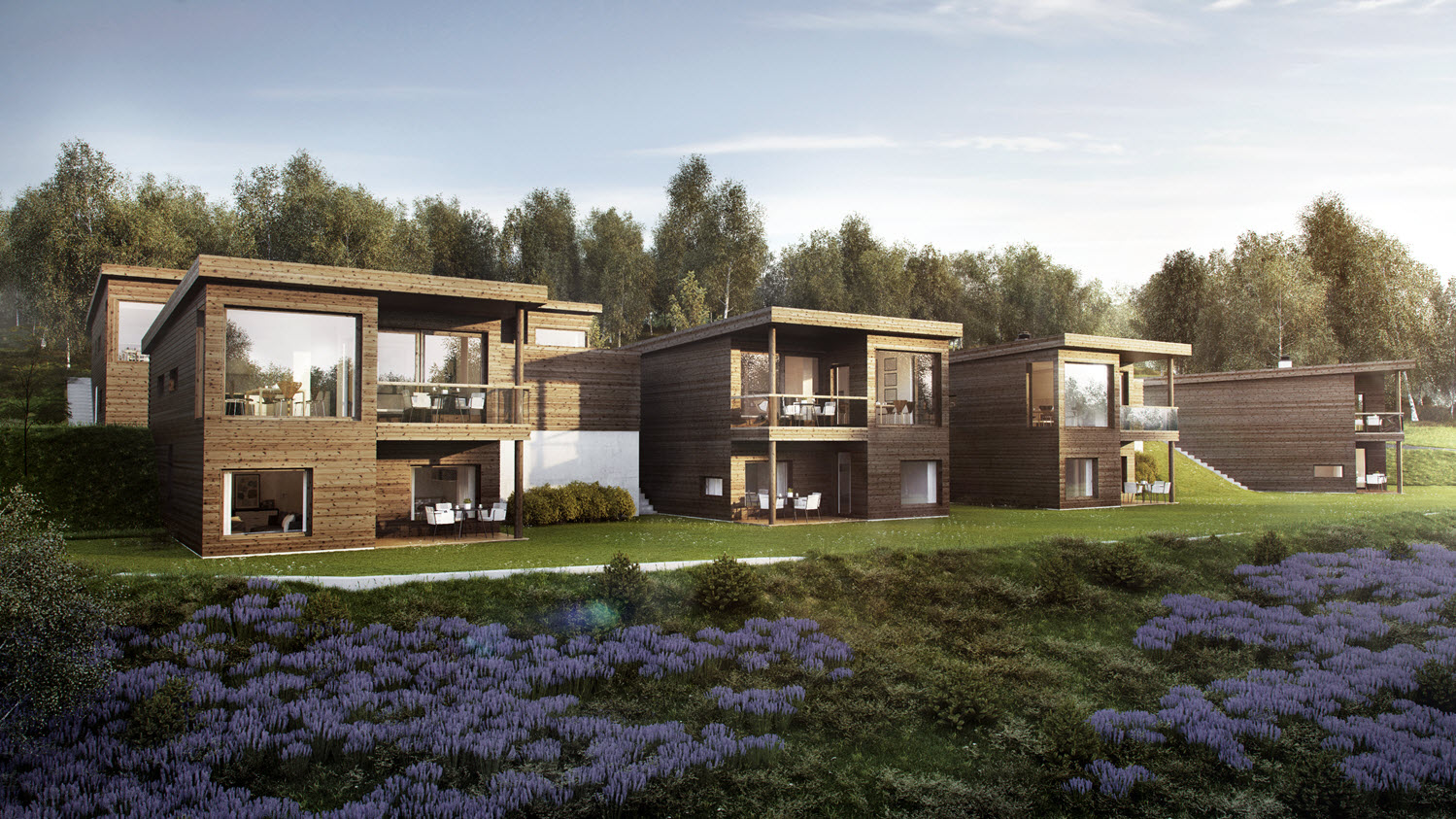 En 3D-visualisering av hus i et skogsområde for Eiendomsmegler Dahl AS.