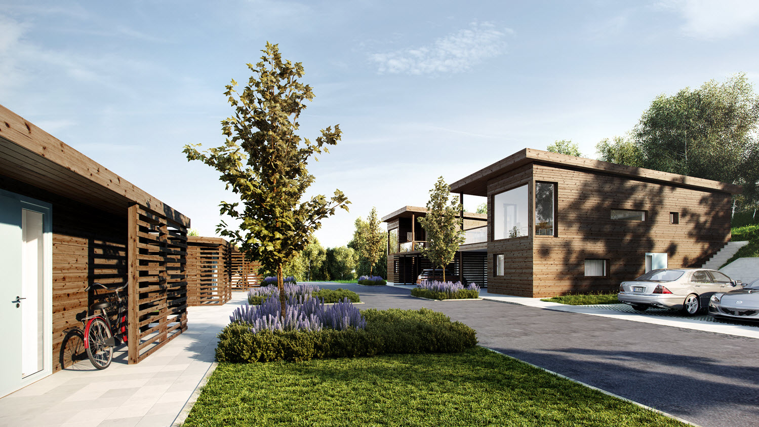 En 3D-gjengivelse av et hus med en bil parkert foran, laget av Eiendomsmegler Dahl AS.