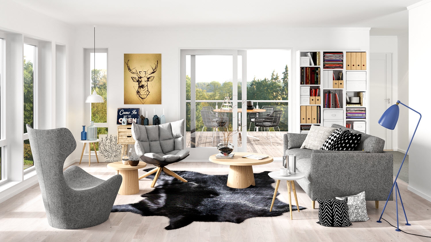 en stue med en grå sofa og et grått teppe.