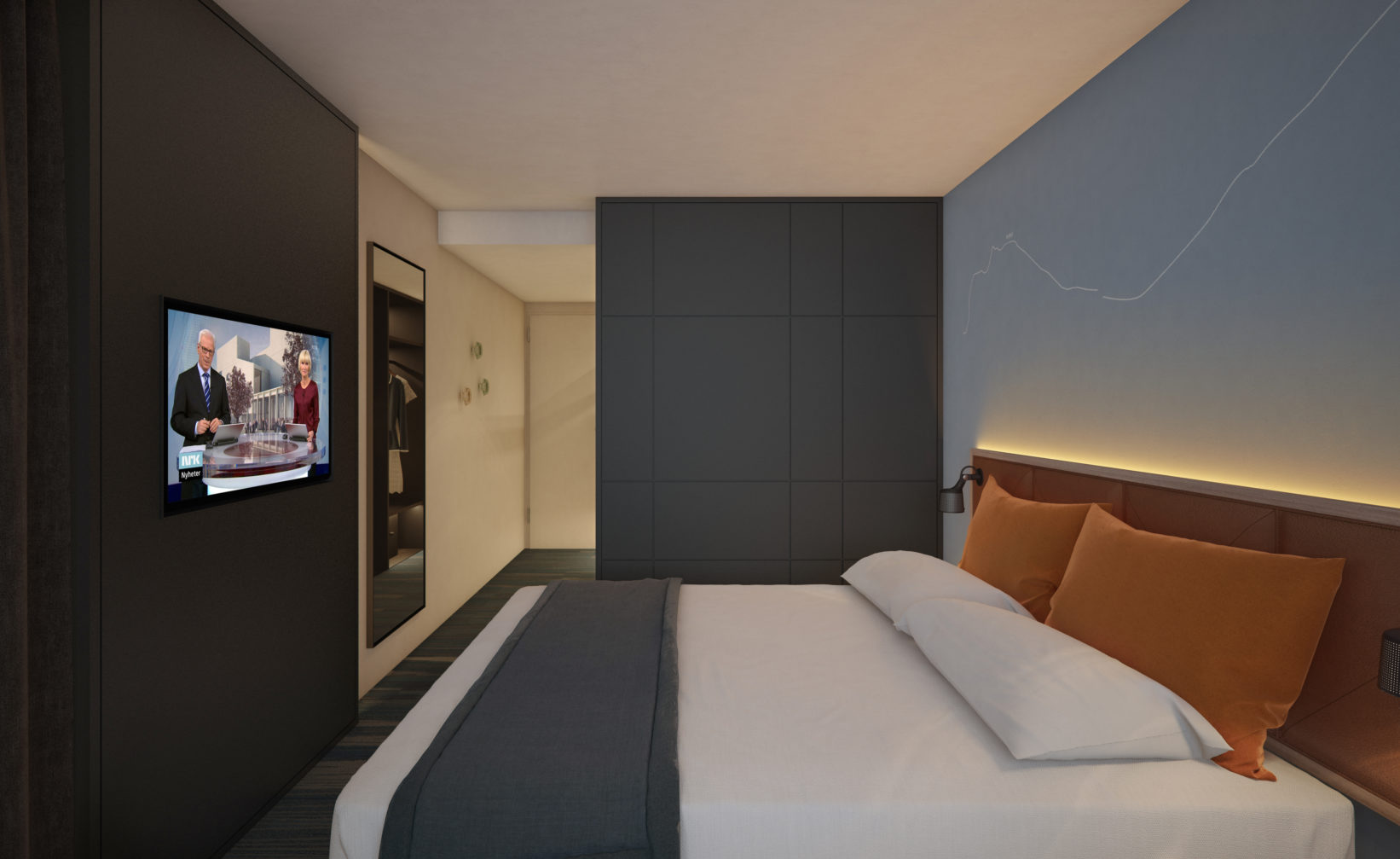 et rom med seng og tv på veggen.