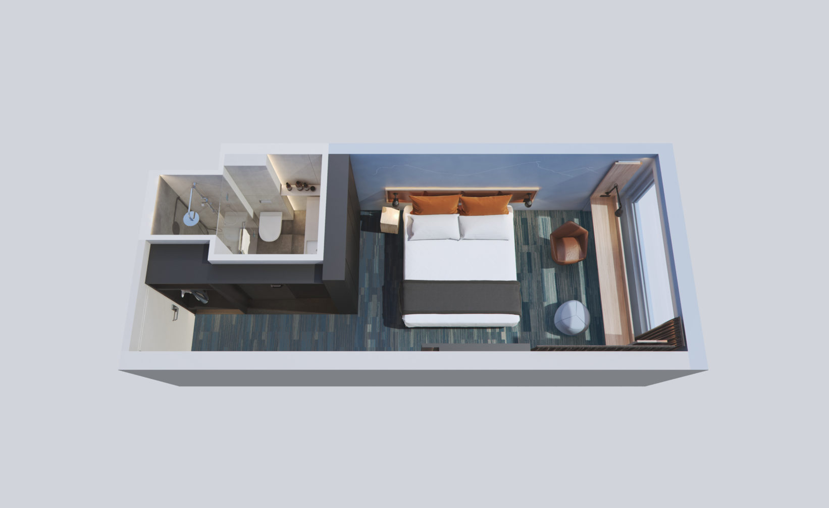 en 3d-modell av et rom med en seng og et nattbord.
