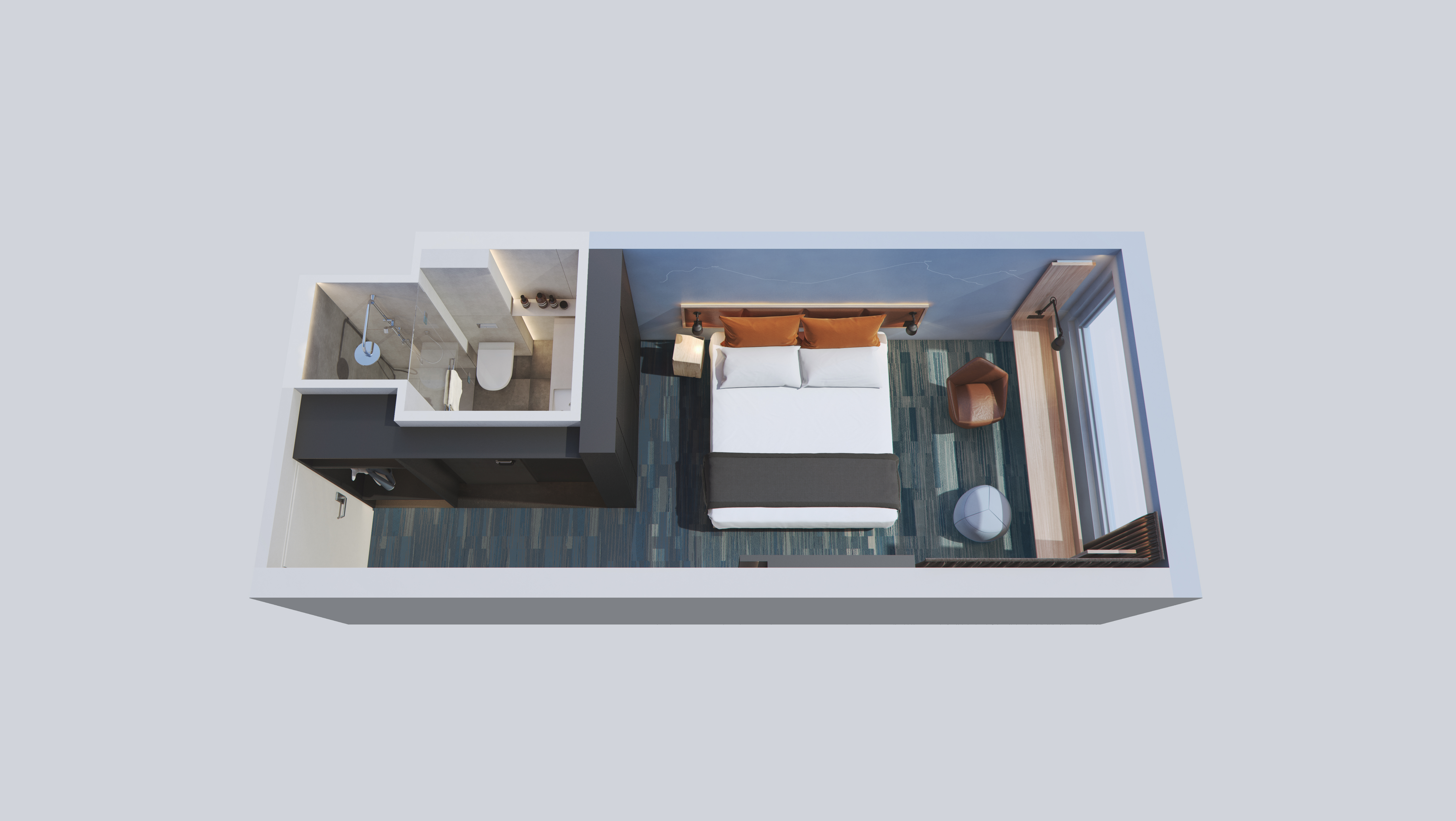 en 3d-modell av et rom med en seng og et nattbord.