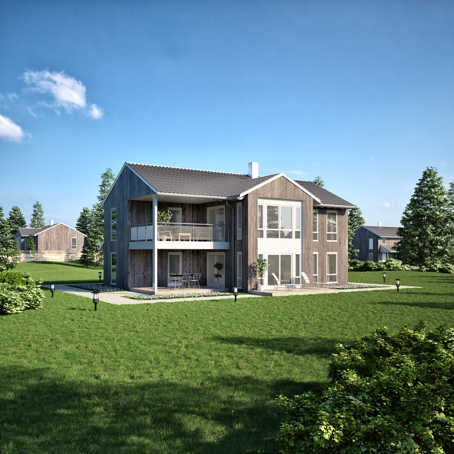 en 3d-gjengivelse av et hus på et grønt felt.