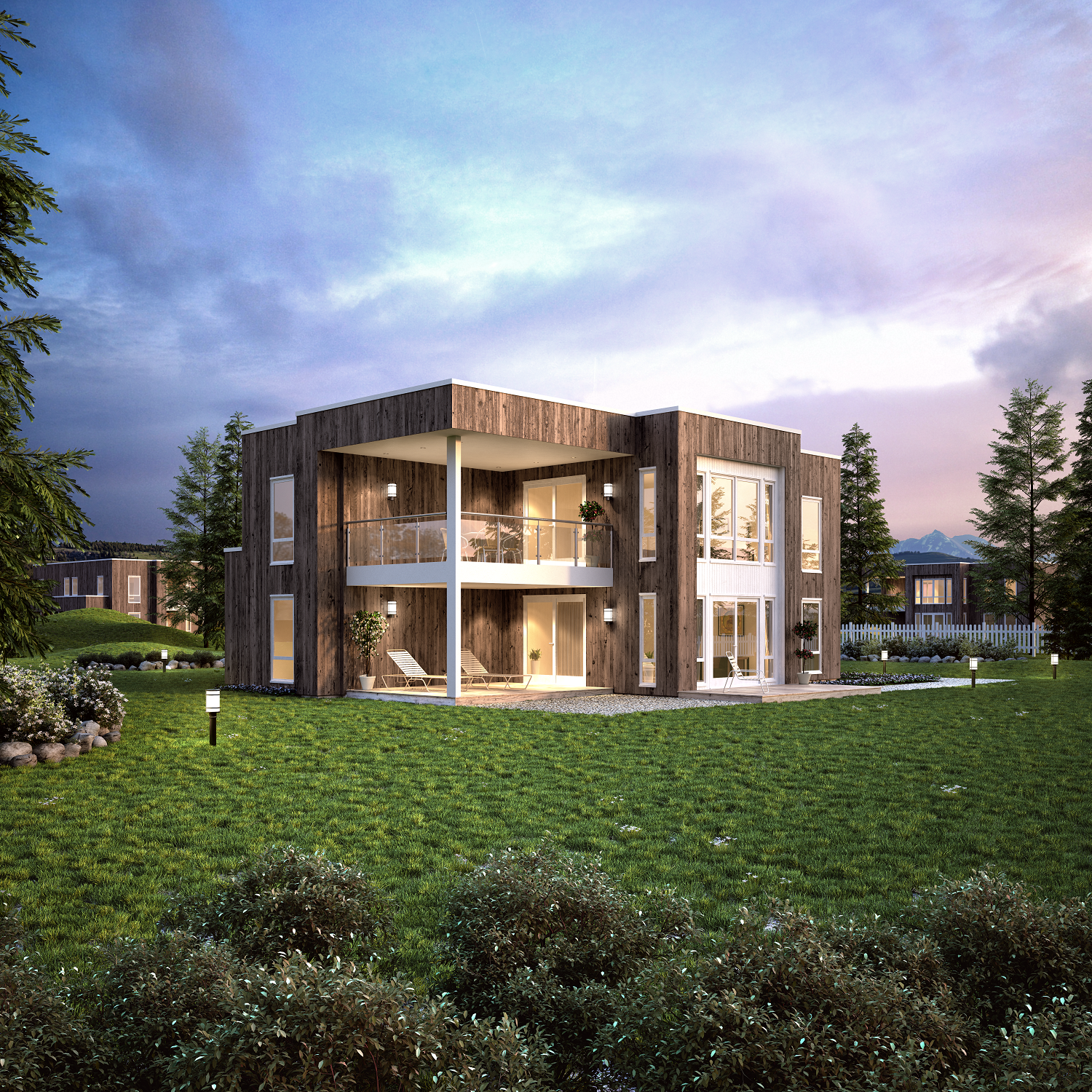 3D-gjengivelse av et moderne hus på en gressmark.