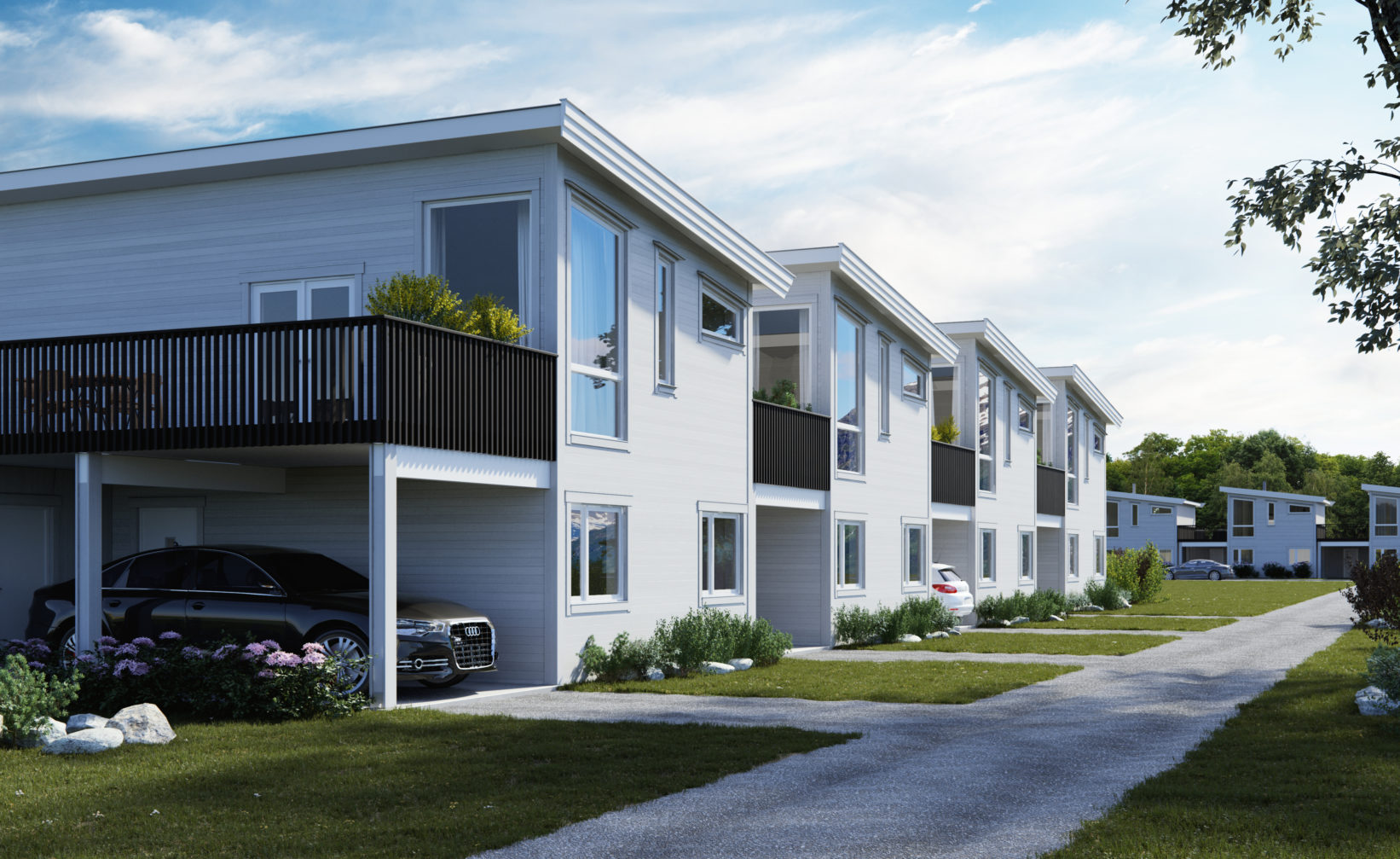 Et visualisert moderne leilighetskompleks fra 2016 til salgs med Hedalm Anebyhus som oppdragsgiver.