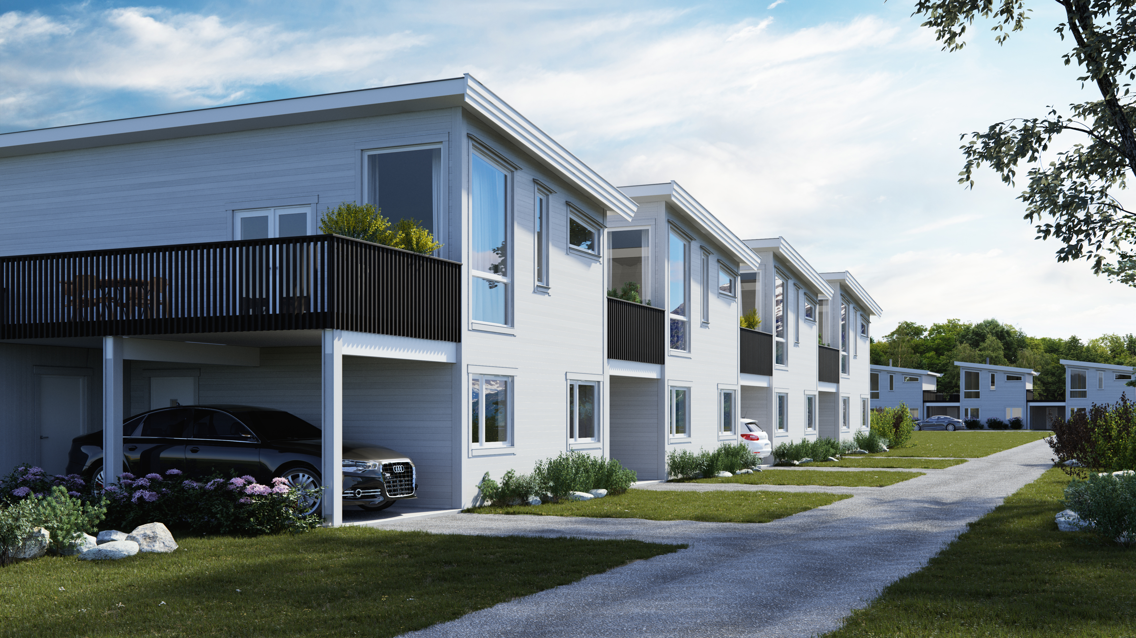 Et visualisert moderne leilighetskompleks fra 2016 til salgs med Hedalm Anebyhus som oppdragsgiver.