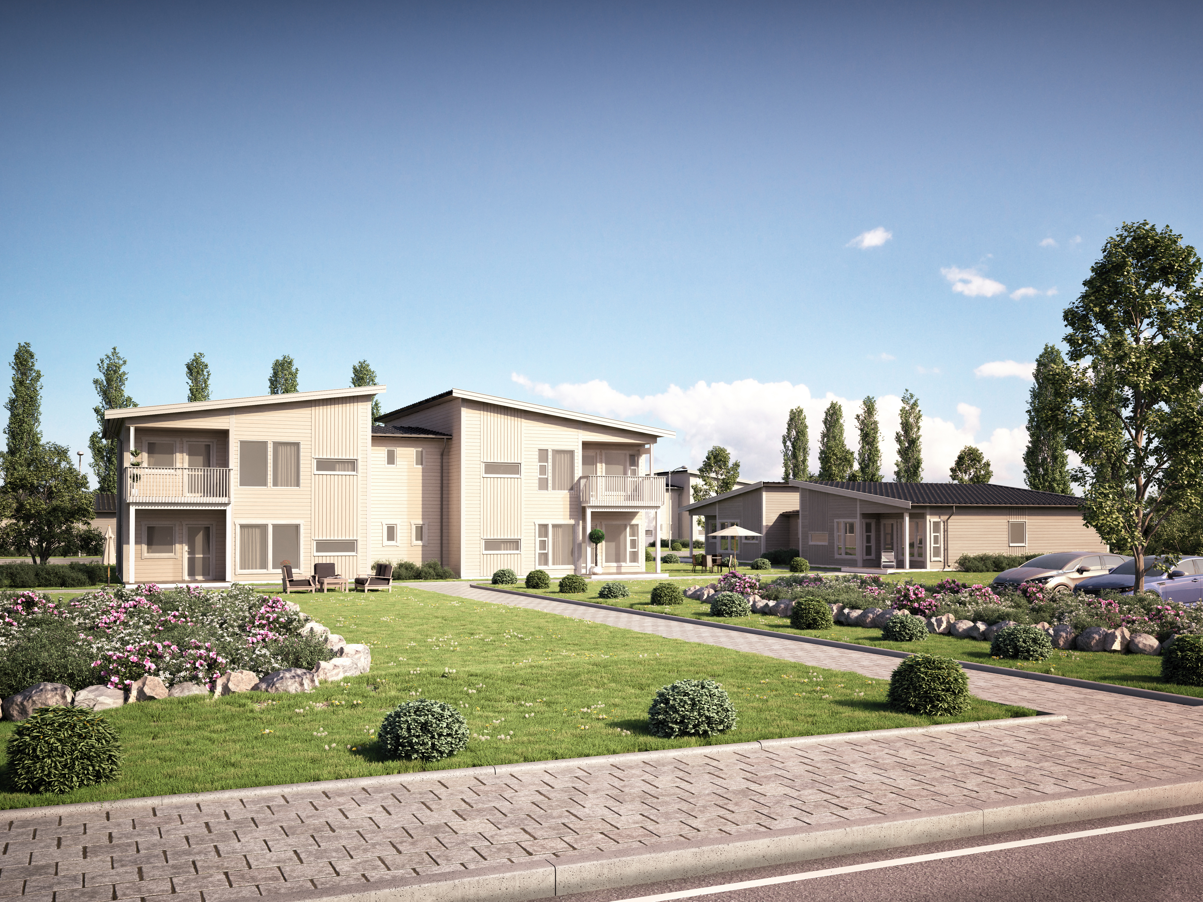 en gjengivelse av et leilighetskompleks i et boligområde for salg.
